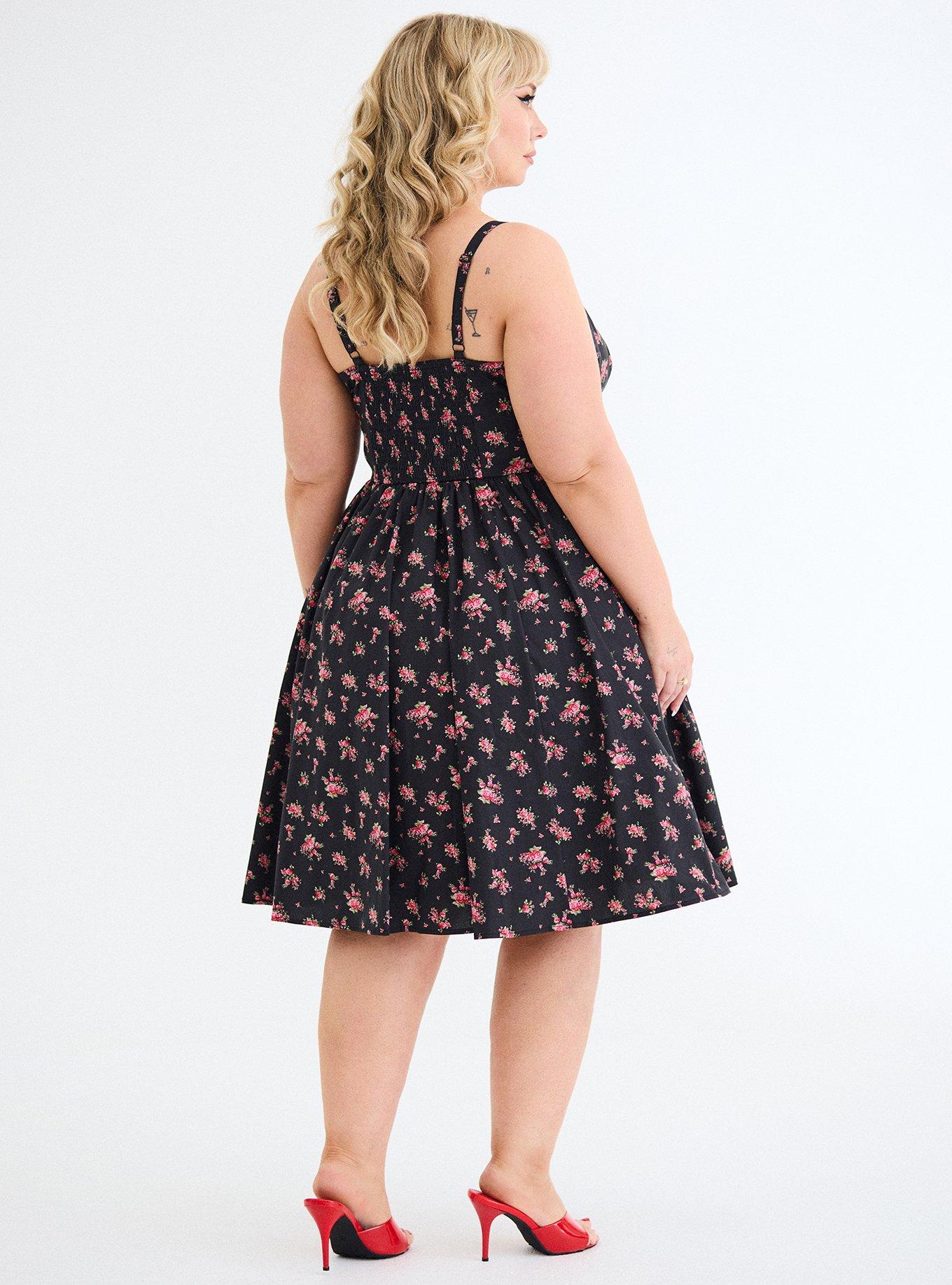 Women's Chic Belted Swing Dress In Romy Roses Floral Black By Retro At Torrid, Size 30, Plus Size