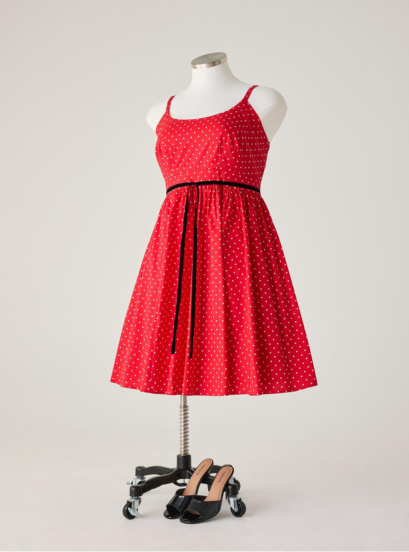 Retro Chic Tie Front Swing Dress, MIDNIGHT DOTS RED, hi-res