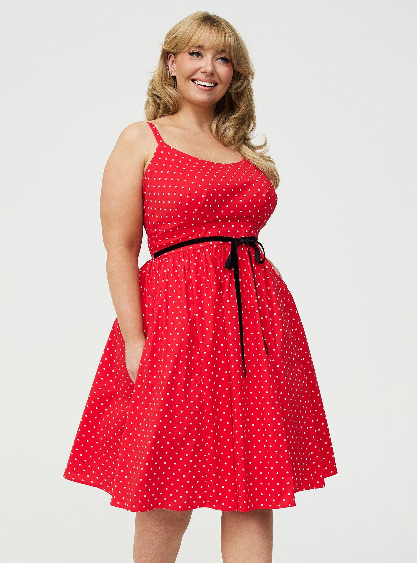 Retro Chic Belted Swing Dress, MIDNIGHT DOTS RED, hi-res