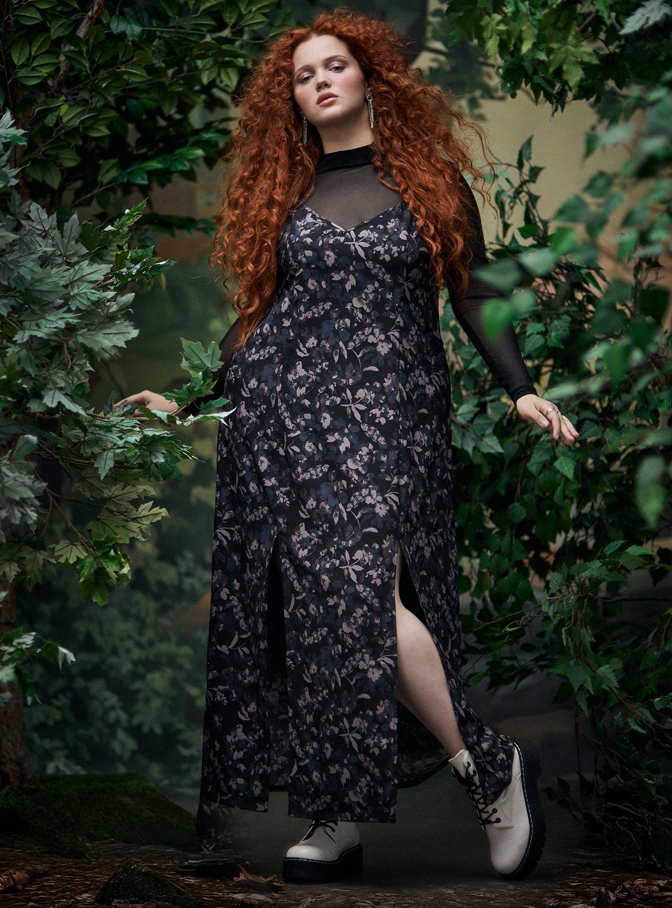 Nightfall Double Slit Lace Up Back Maxi Dress, WATERCOLOR FLORAL DEEP BLACK, hi-res