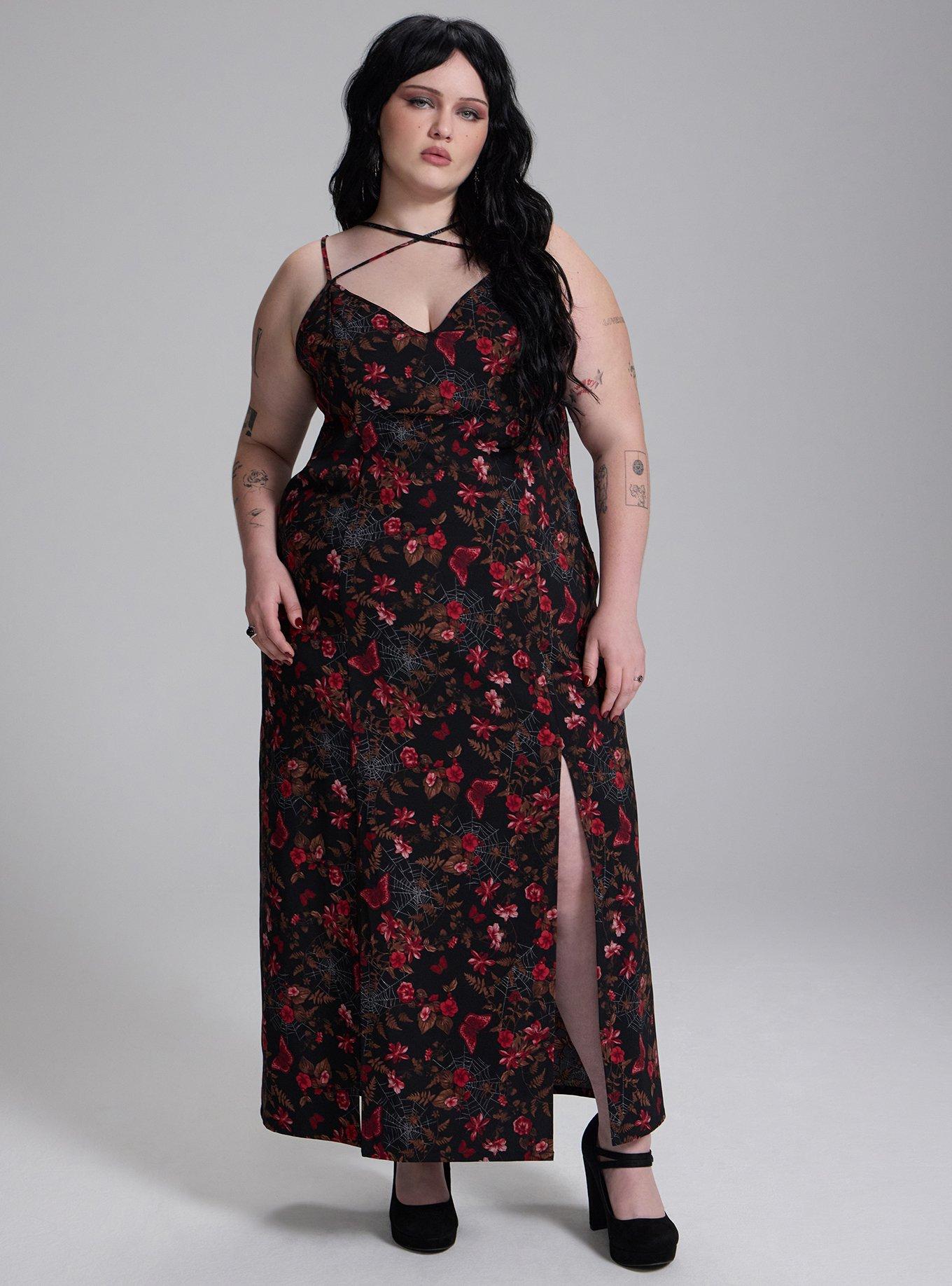 Nightfall Lace Back Slit Maxi Dress, MIDNIGHT GARDEN DEEP BLACK, hi-res