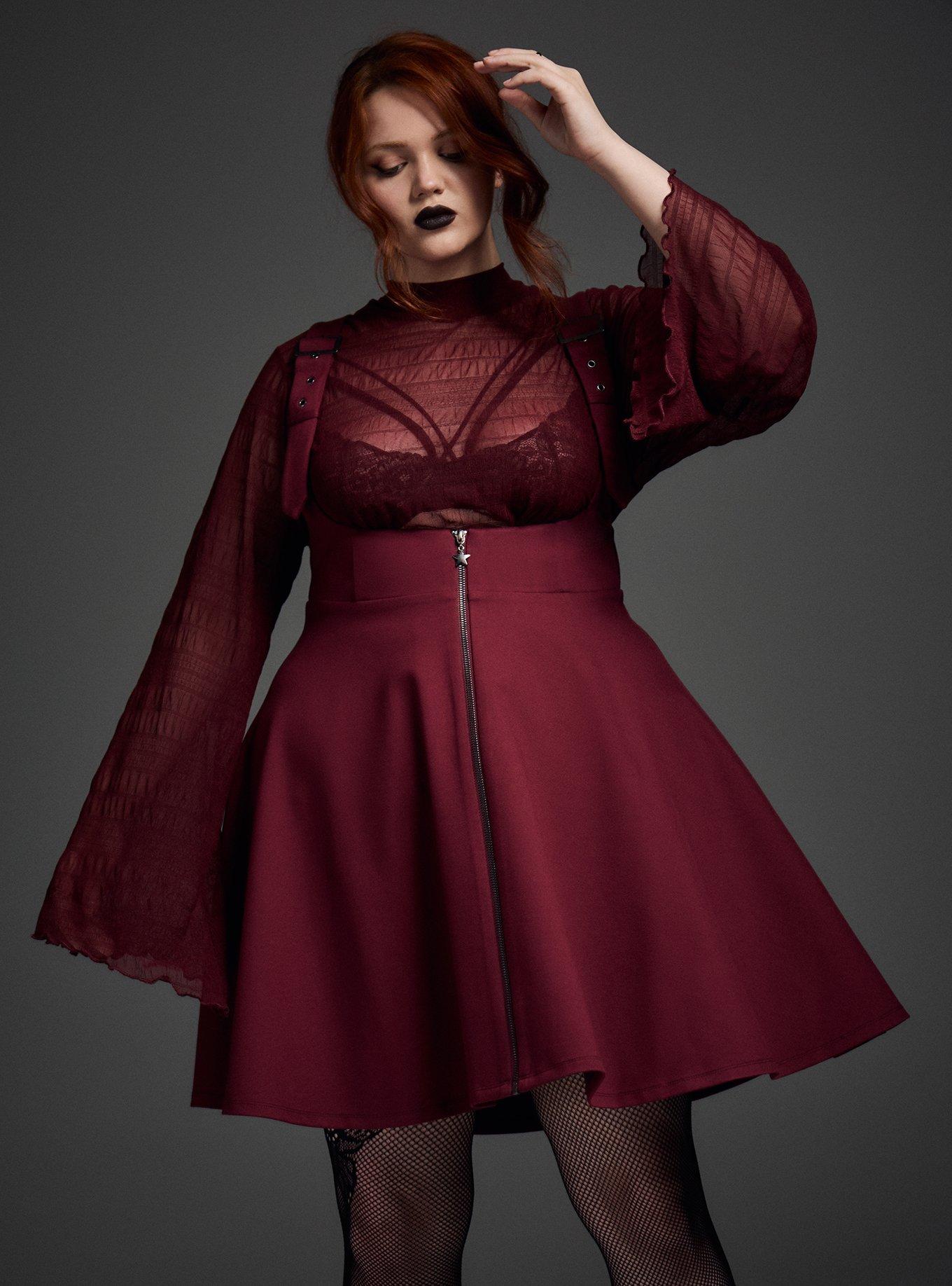 Burgundy Pinafore Dress Plus Size Uk Plus Size Nightfall Front-Zip Pinafore  Dress Torrid