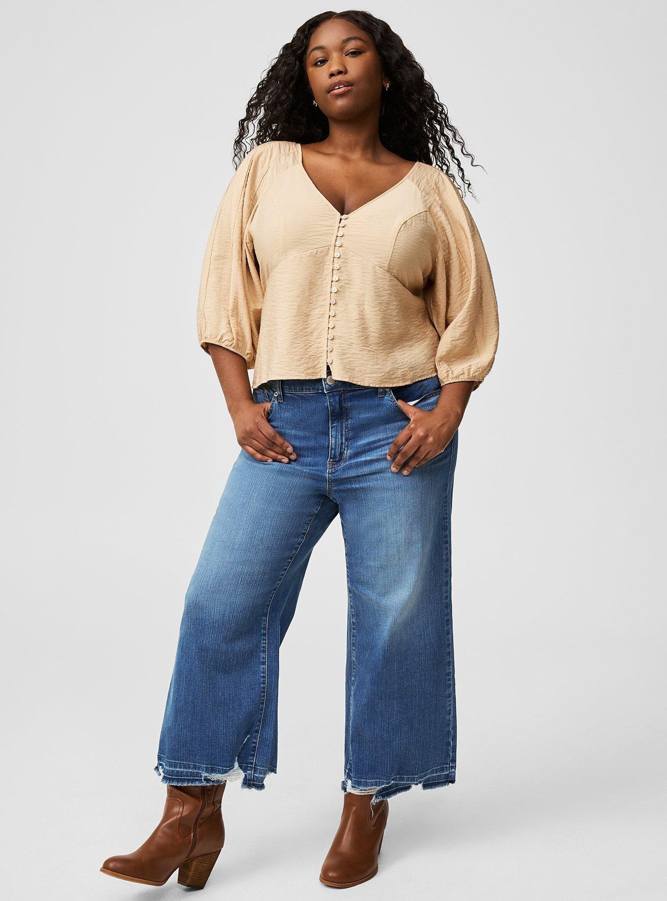 Button Front V-Neck Crop Blouse