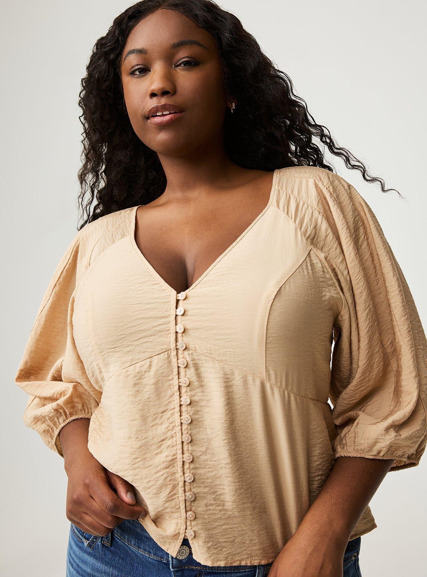 Button Front V-Neck Crop Blouse