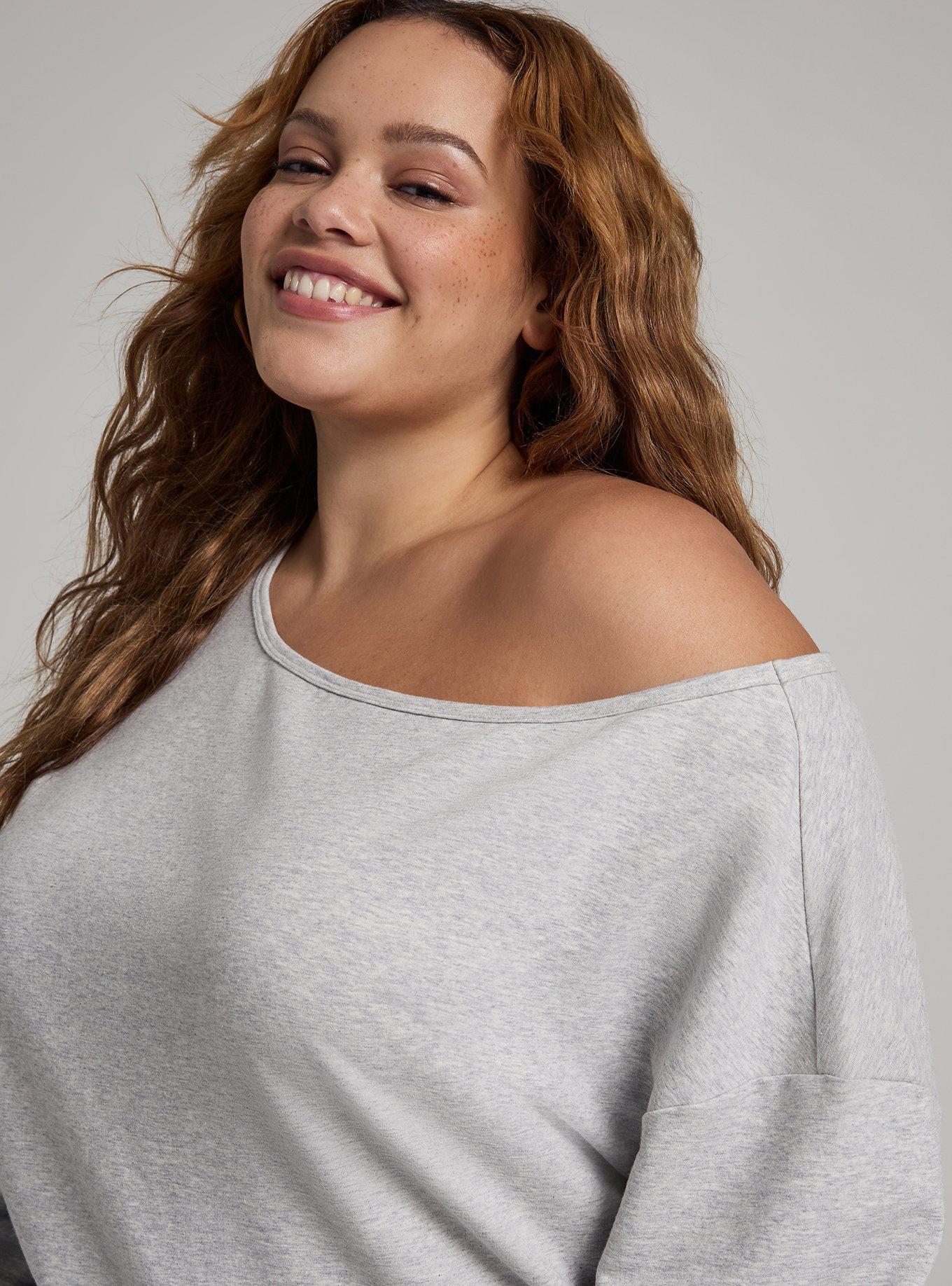 TRU Everyday Fleece Off-Shoulder Active Sweatshirt, LIGHTEST HEATHER GREY, alternate