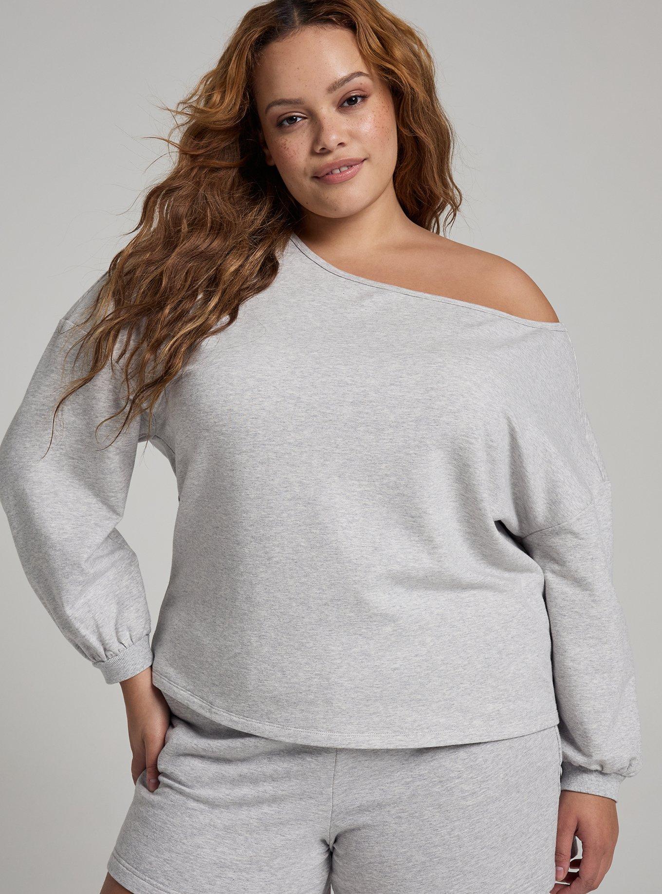 TRU Everyday Fleece Off-Shoulder Active Sweatshirt, LIGHTEST HEATHER GREY, hi-res