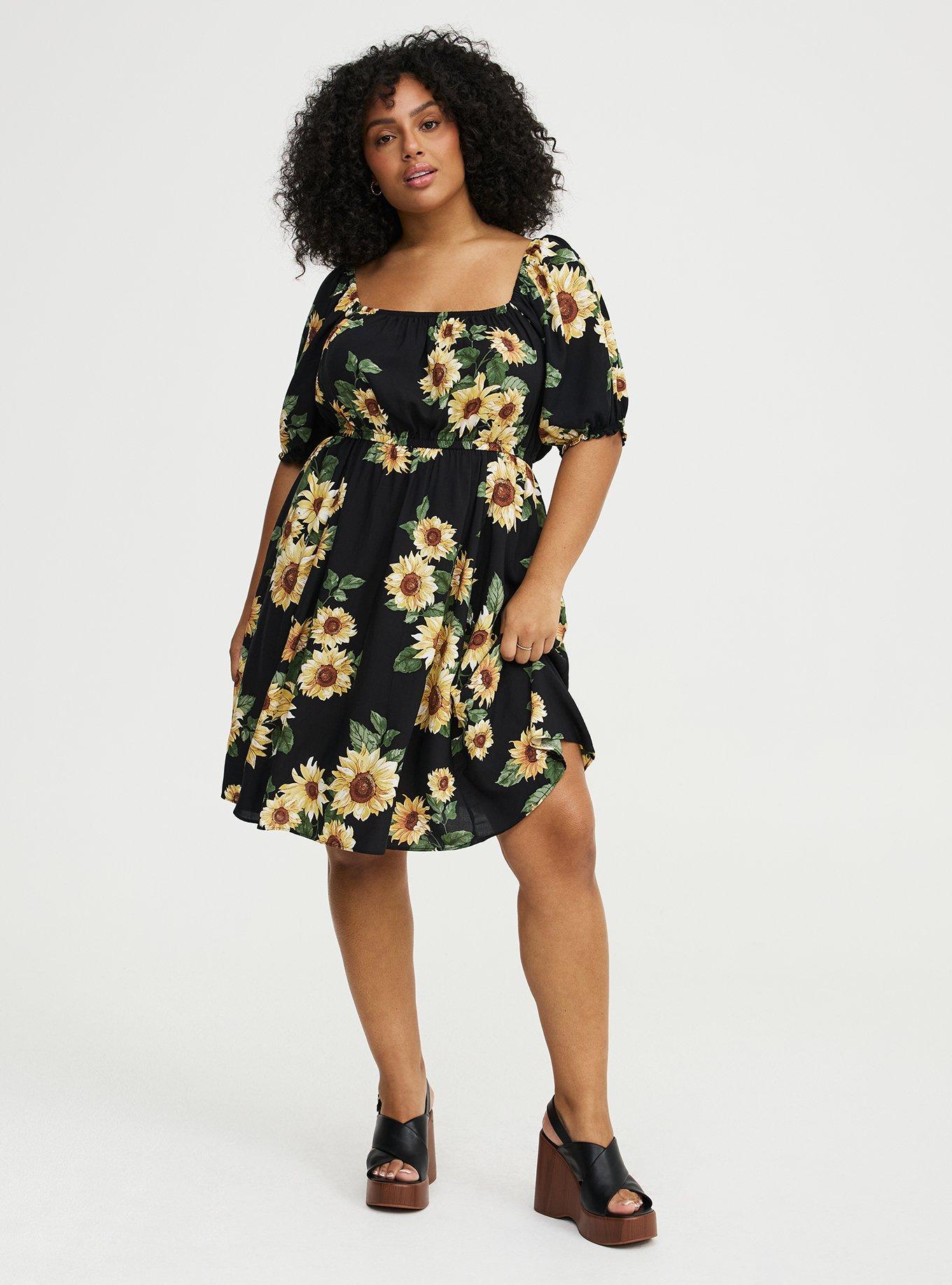 Puff Sleeve Mini Dress, CLASSIC SUNFLOWERS FLORAL BLACK, alternate