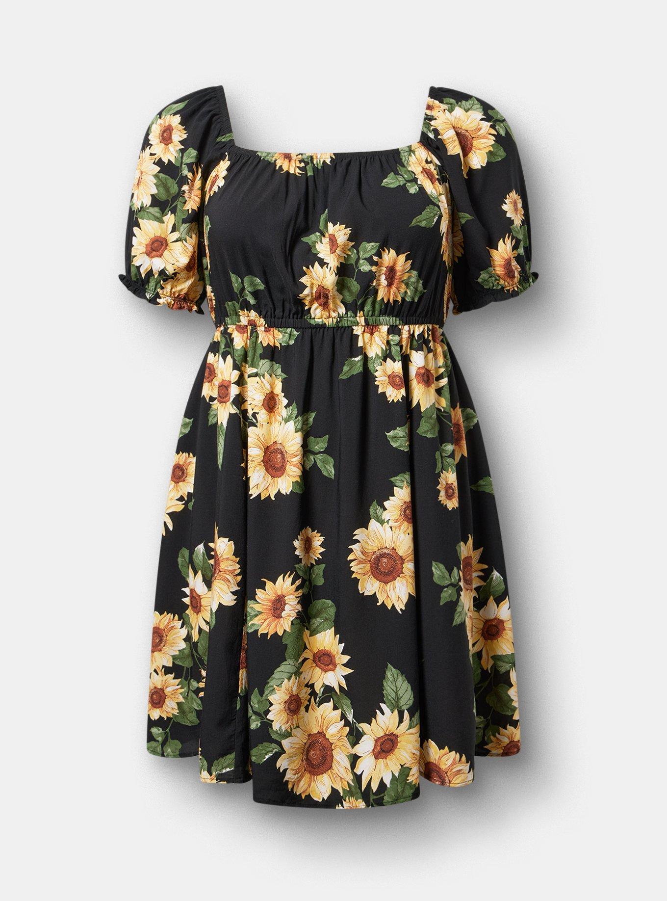 Puff Sleeve Mini Dress, CLASSIC SUNFLOWERS FLORAL BLACK, hi-res