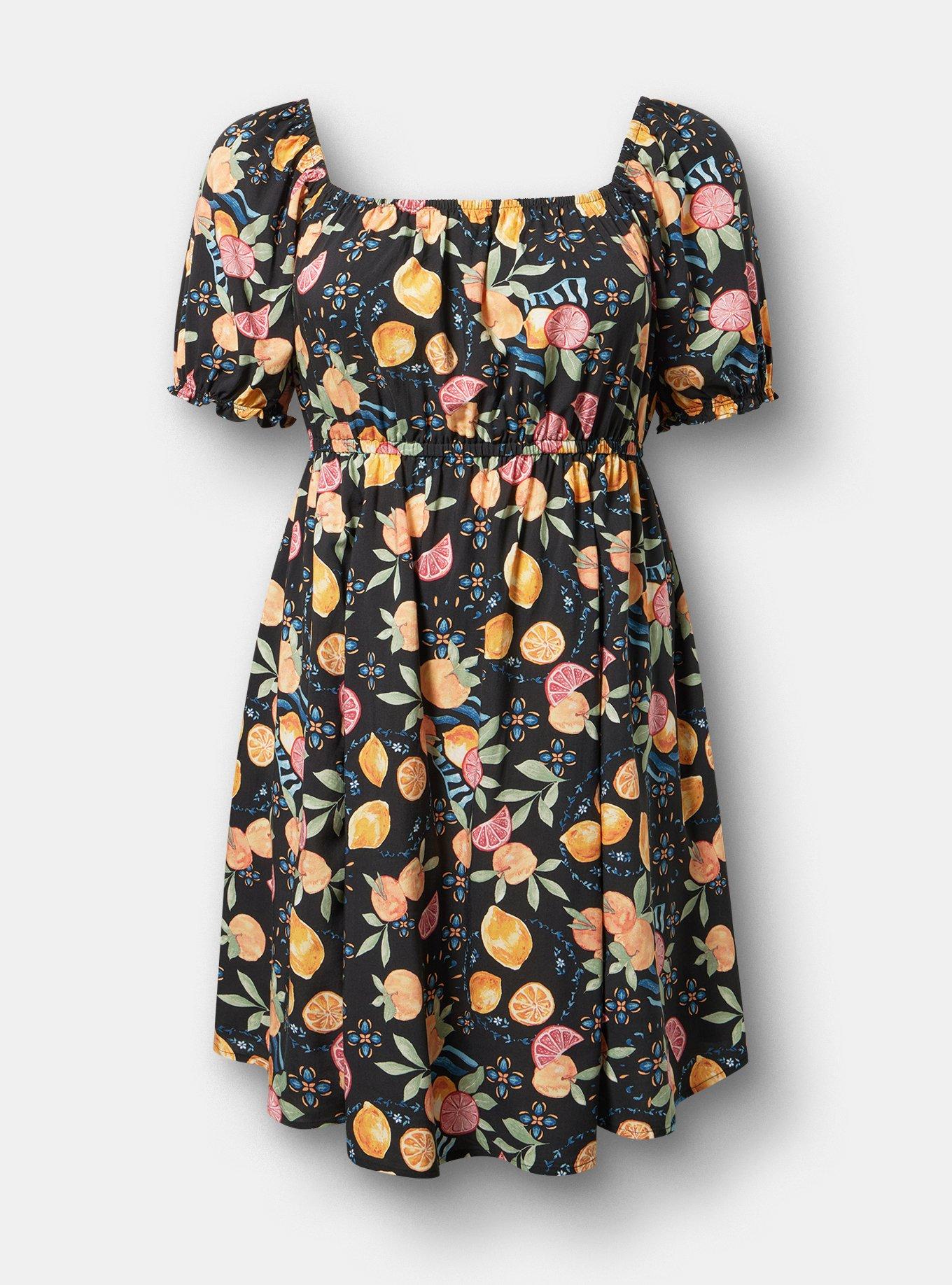 Puff Sleeve Mini Dress, FRUITY PICNIC BLACK, hi-res