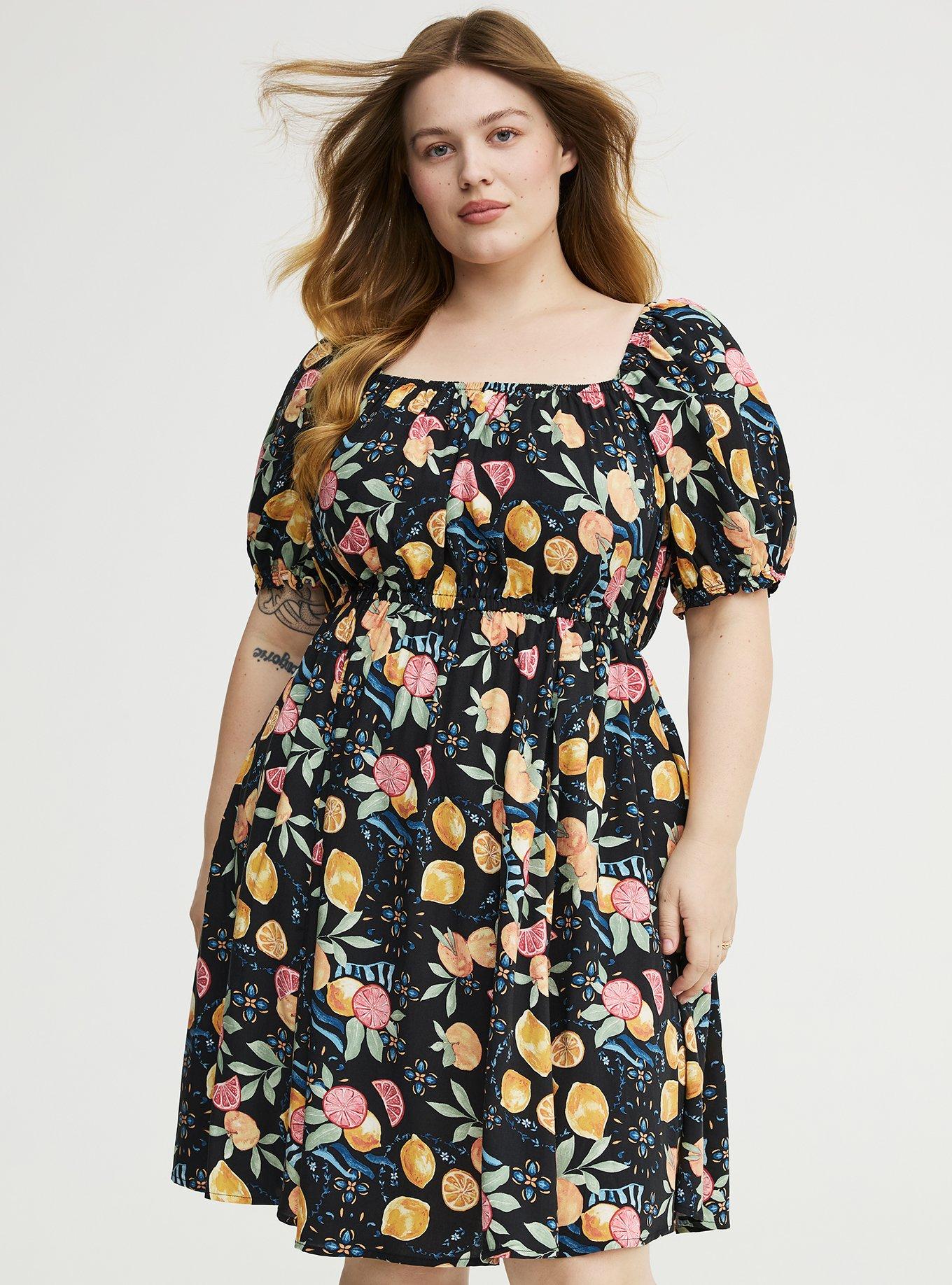 Puff Sleeve Mini Dress, FRUITY PICNIC BLACK, hi-res