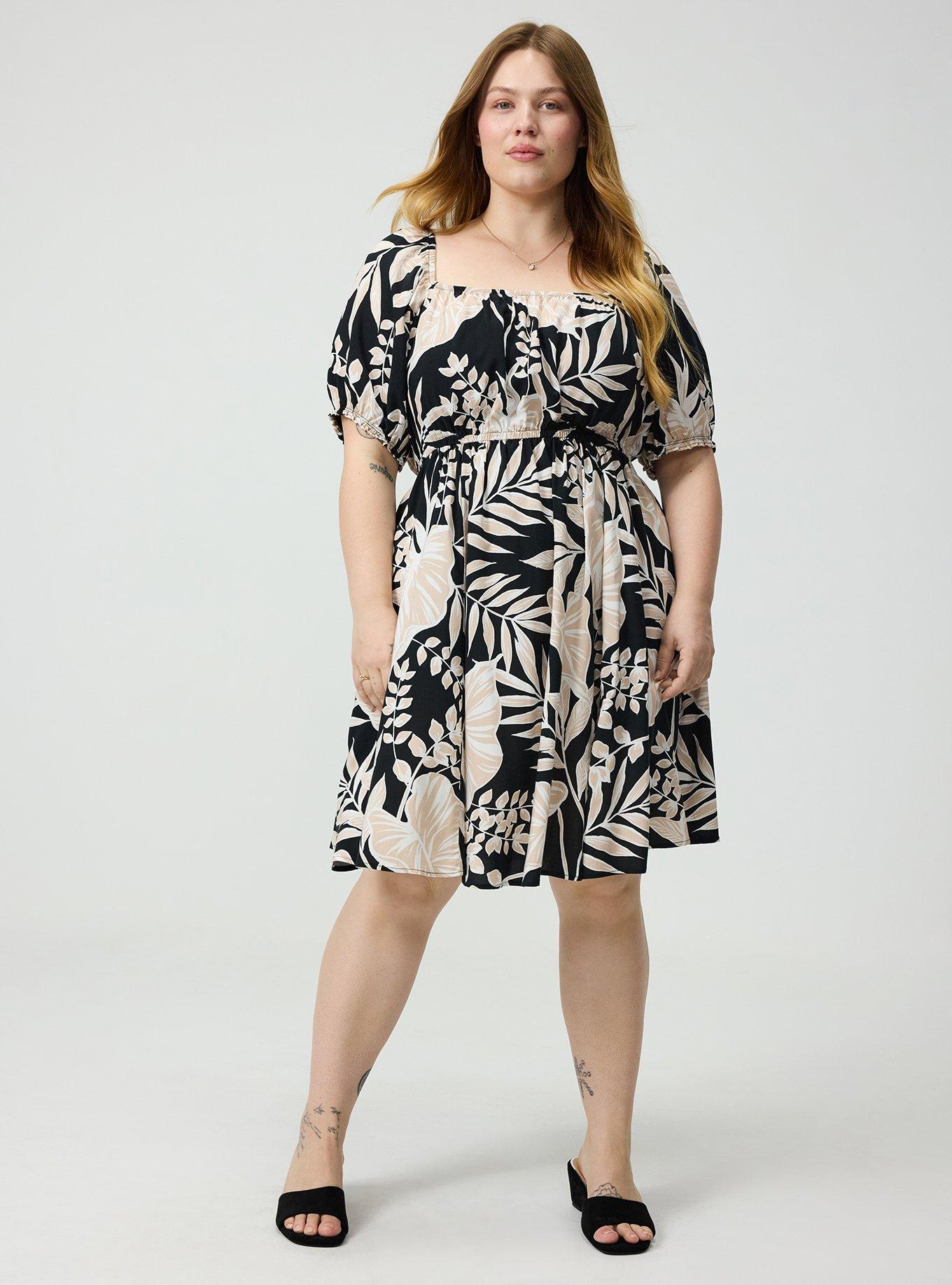 Puff Sleeve Mini Dress, LINED LEAVES BLACK, alternate
