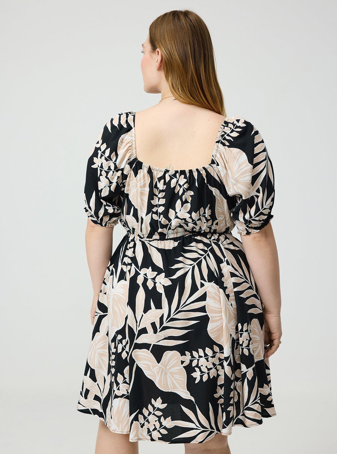 Puff Sleeve Mini Dress, LINED LEAVES BLACK, alternate