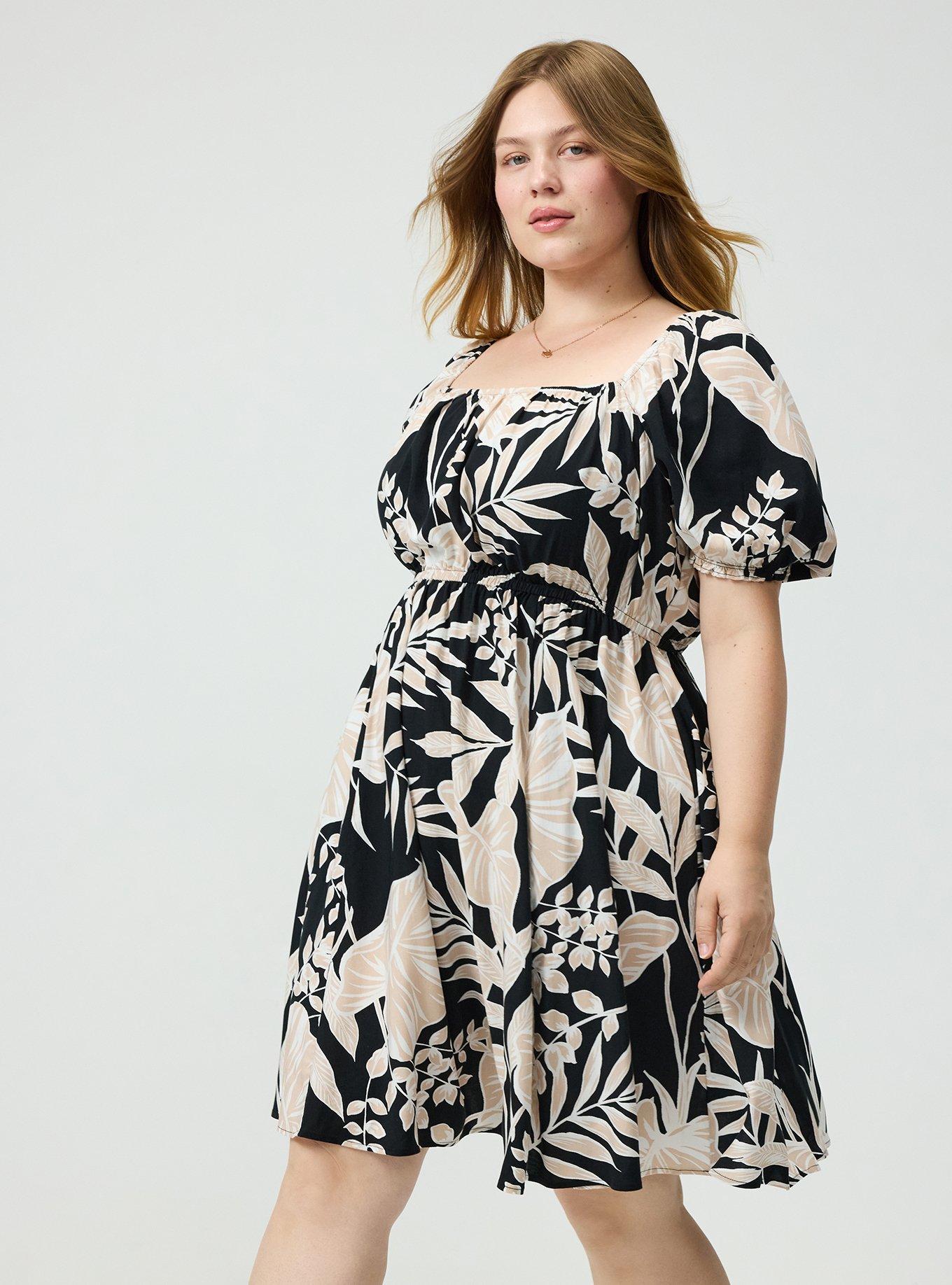Puff Sleeve Mini Dress, LINED LEAVES BLACK, alternate