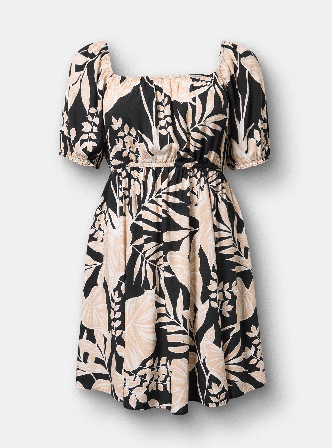 Puff Sleeve Mini Dress, LINED LEAVES BLACK, hi-res