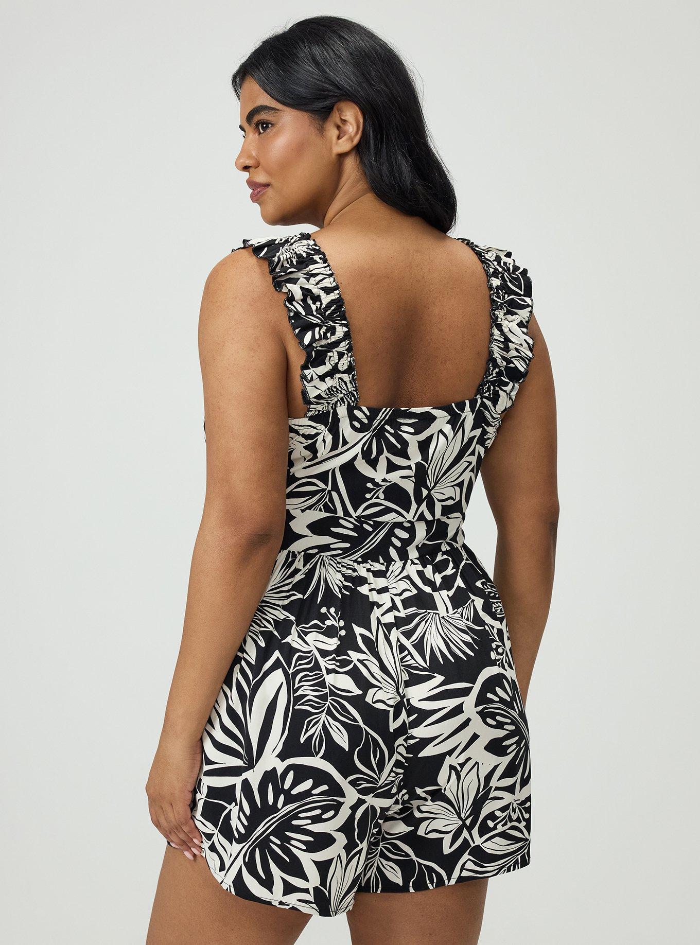 Ruffled Straps Layered Romper, PARADISE FOLIAGE BLACK, alternate