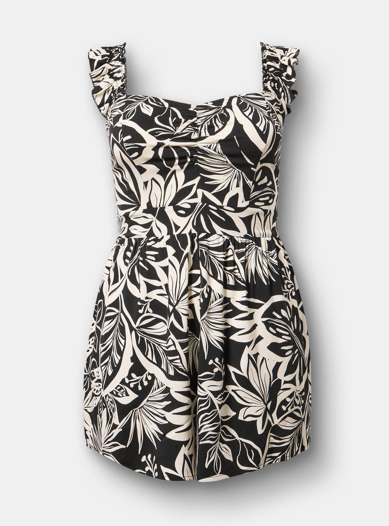 Ruffled Straps Layered Romper, PARADISE FOLIAGE BLACK, hi-res