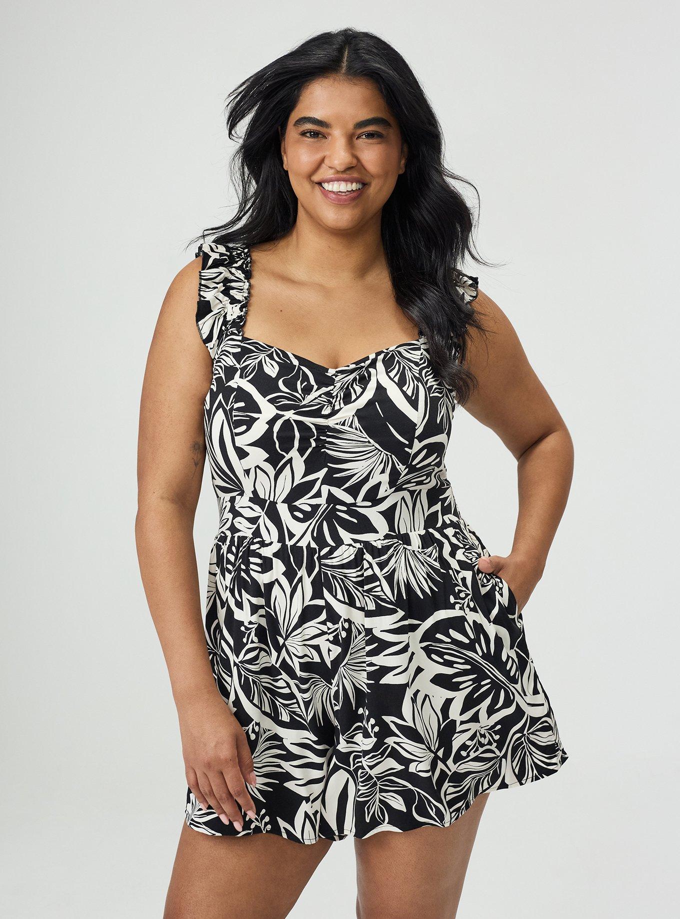 Ruffled Straps Layered Romper, PARADISE FOLIAGE BLACK, hi-res