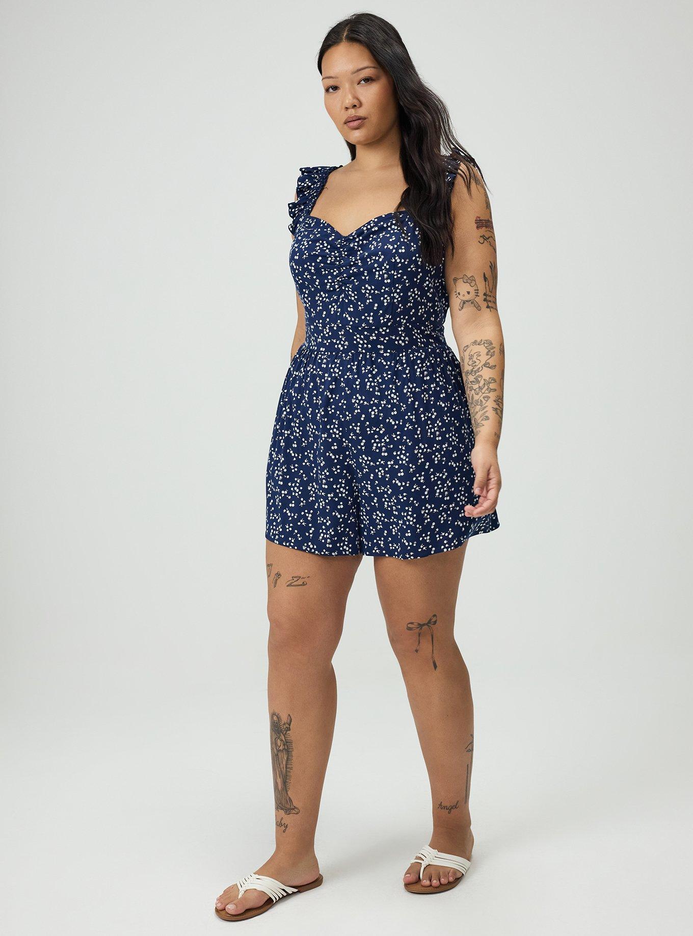 Ruffled Straps Layered Romper, BETTY DITSY FLORAL NAVY, hi-res