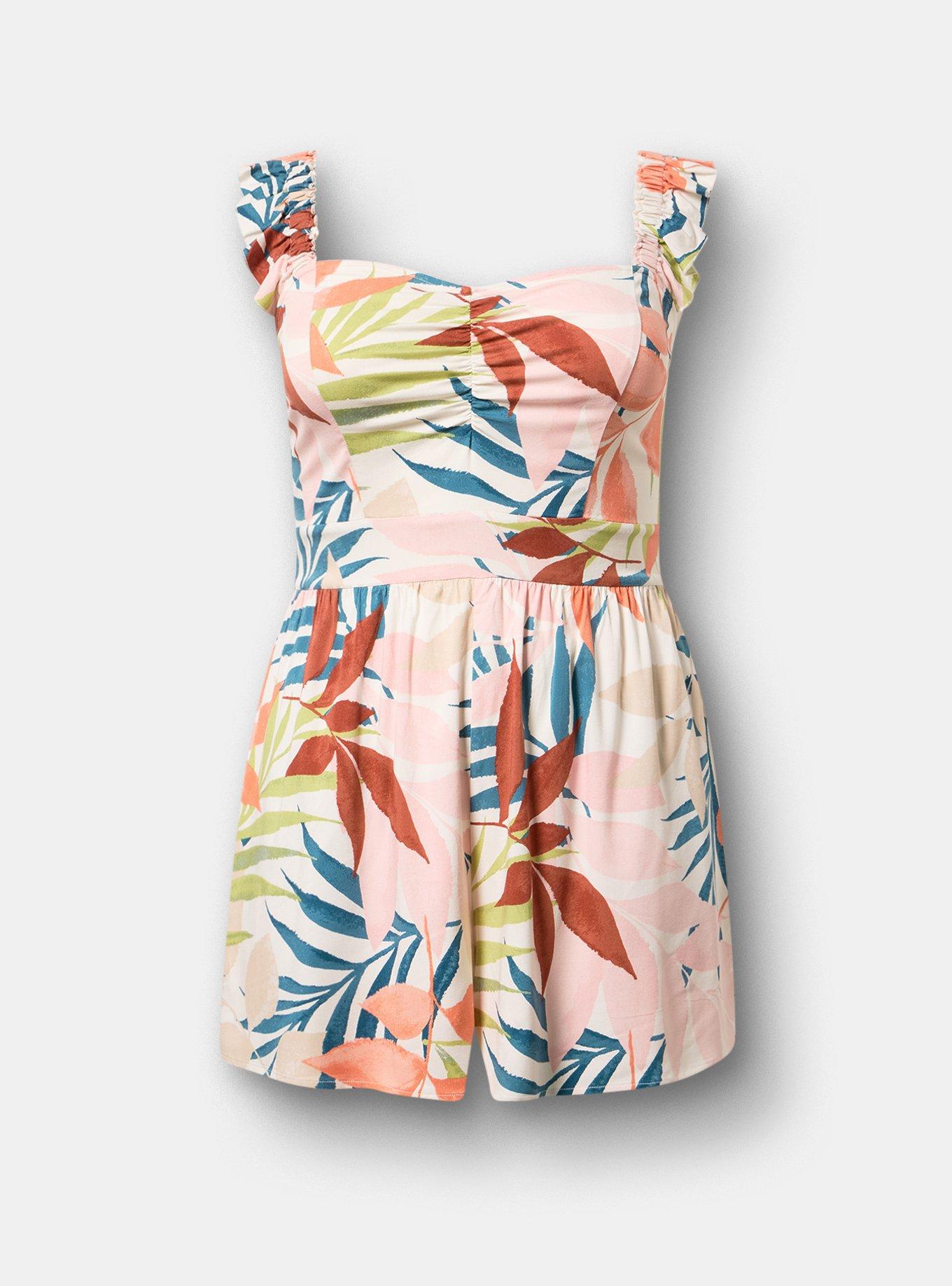 Ruffled Straps Layered Romper, STAMPED FOLIAGE MULTI, hi-res