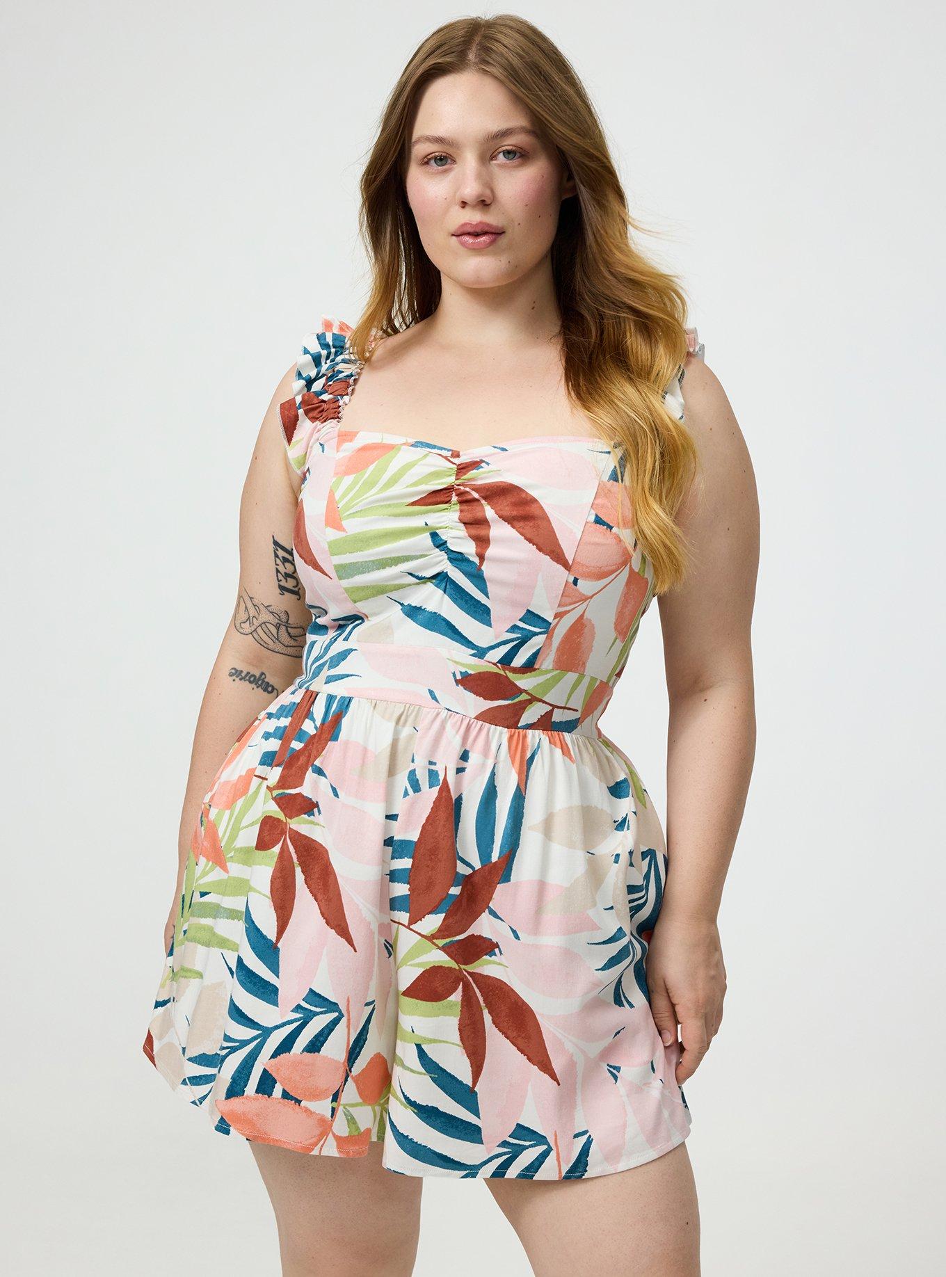 Ruffled Straps Layered Romper, STAMPED FOLIAGE MULTI, hi-res