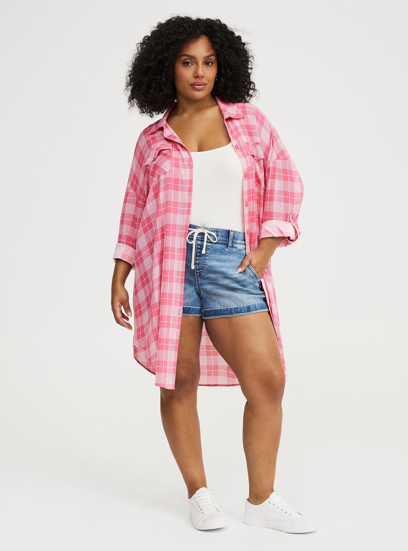 Plus Size Oversized Shacket, BRIDGETTE PLAID CORAL, hi-res