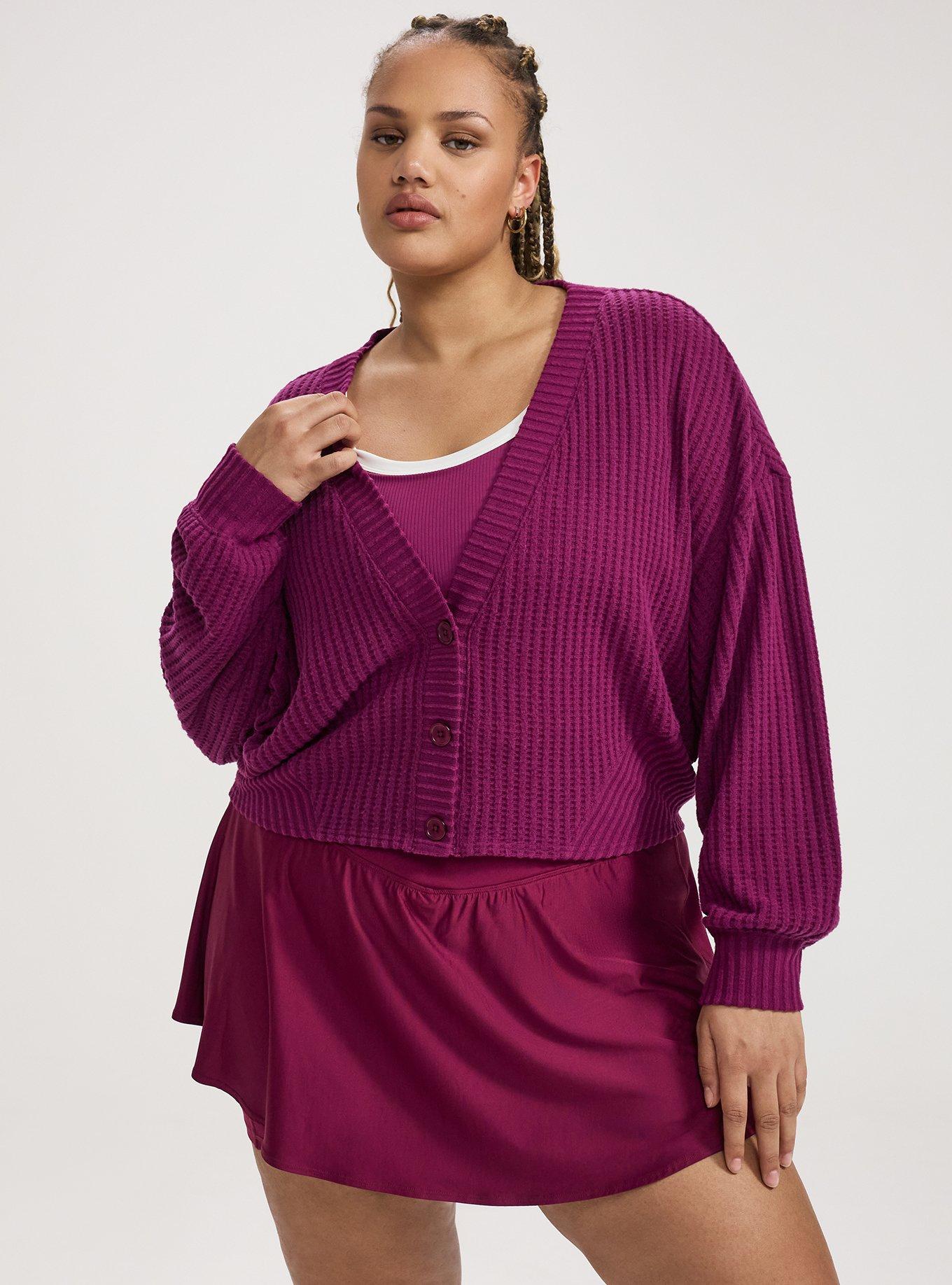 TRU Waffle Rib Cropped Cardigan, PLUM CASPIA, alternate