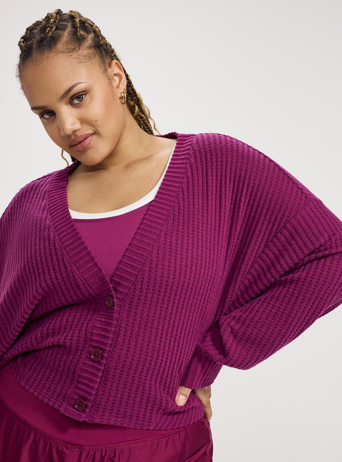 TRU Waffle Rib Cropped Cardigan, PLUM CASPIA, alternate