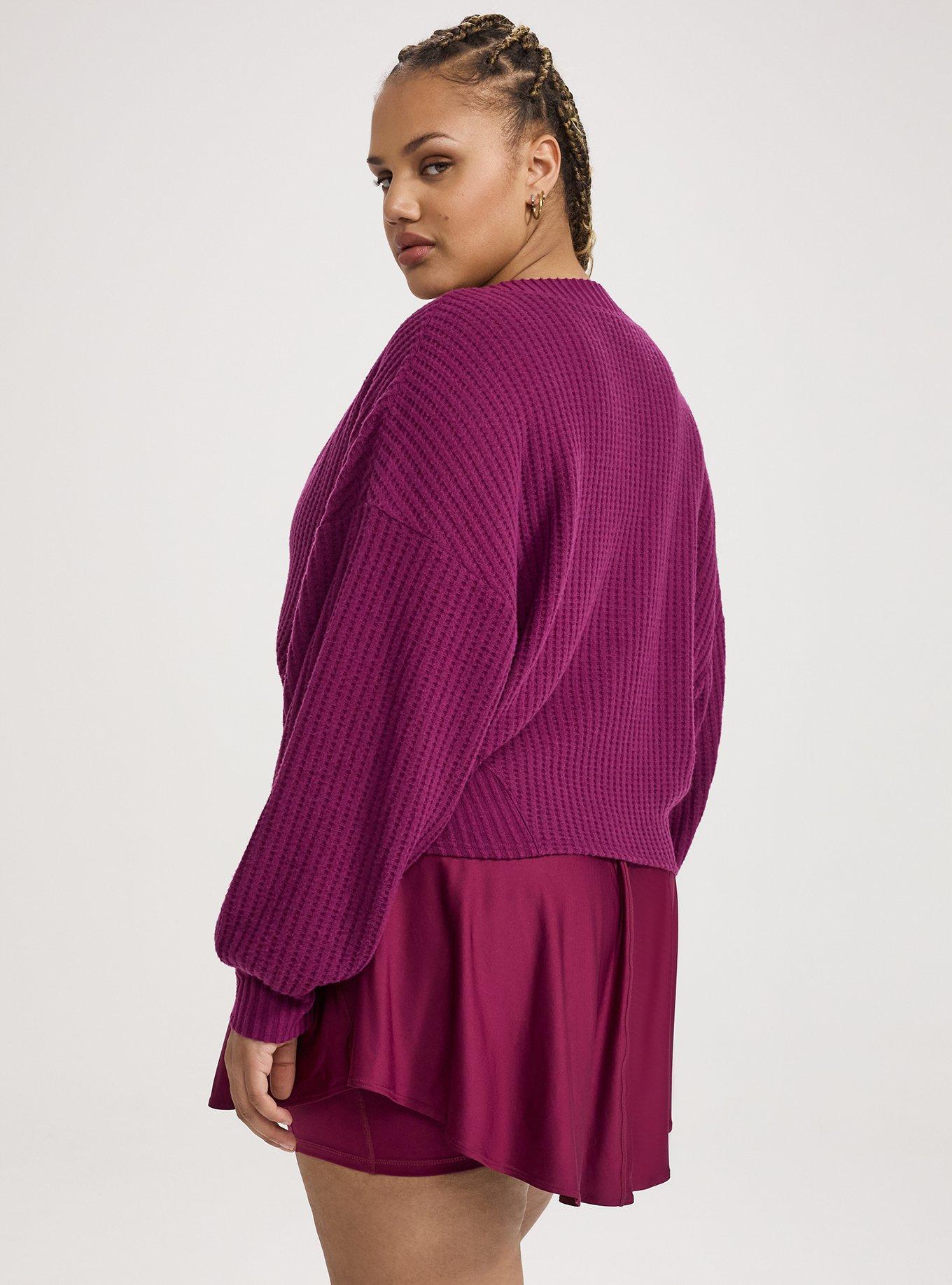 TRU Waffle Rib Cropped Cardigan, PLUM CASPIA, alternate