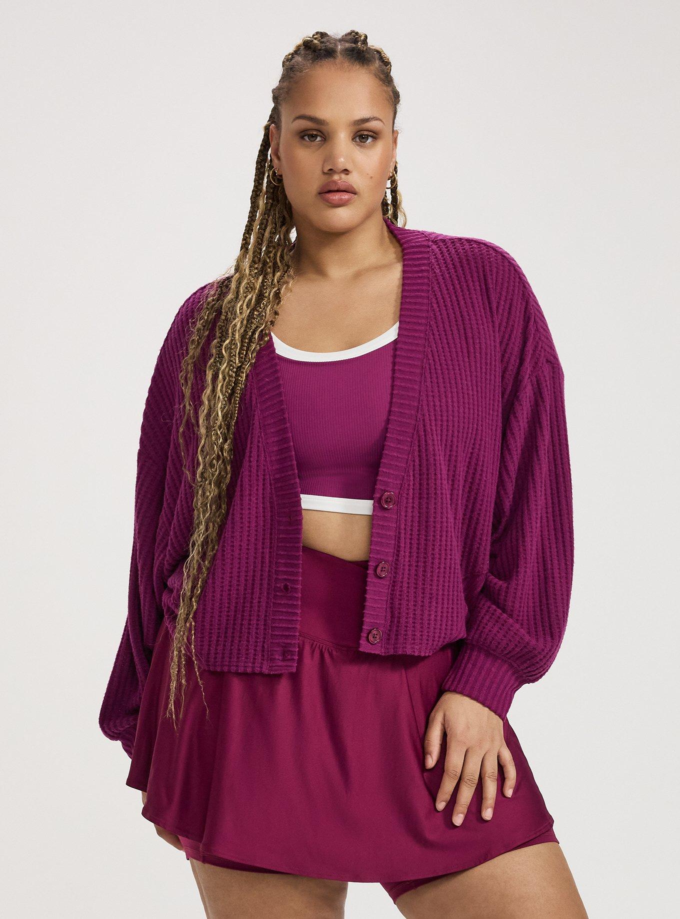 TRU Waffle Rib Cropped Cardigan, PLUM CASPIA, alternate