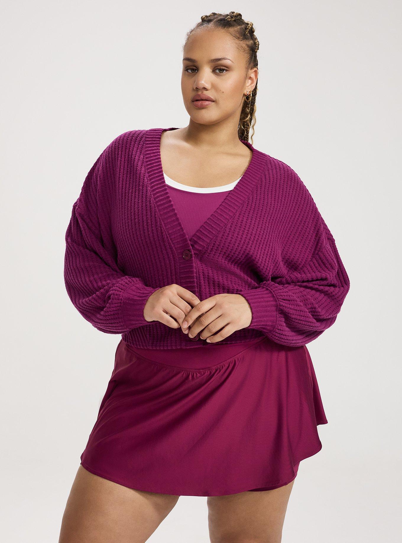 TRU Waffle Rib Cropped Cardigan, PLUM CASPIA, hi-res