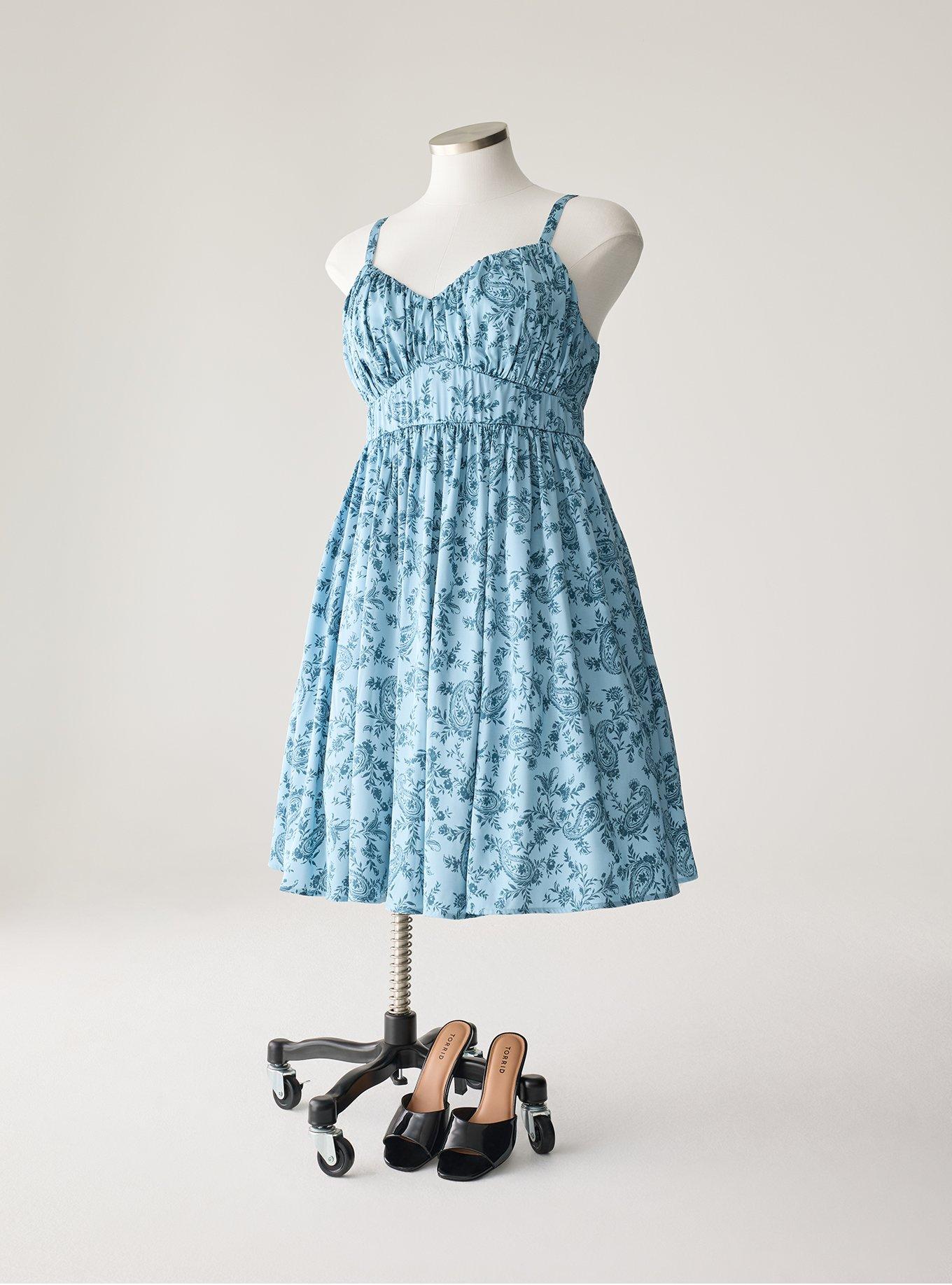 Retro Chic Pleated Bust Swing Dress, GOLDIE PAISLEY BLUE, flat