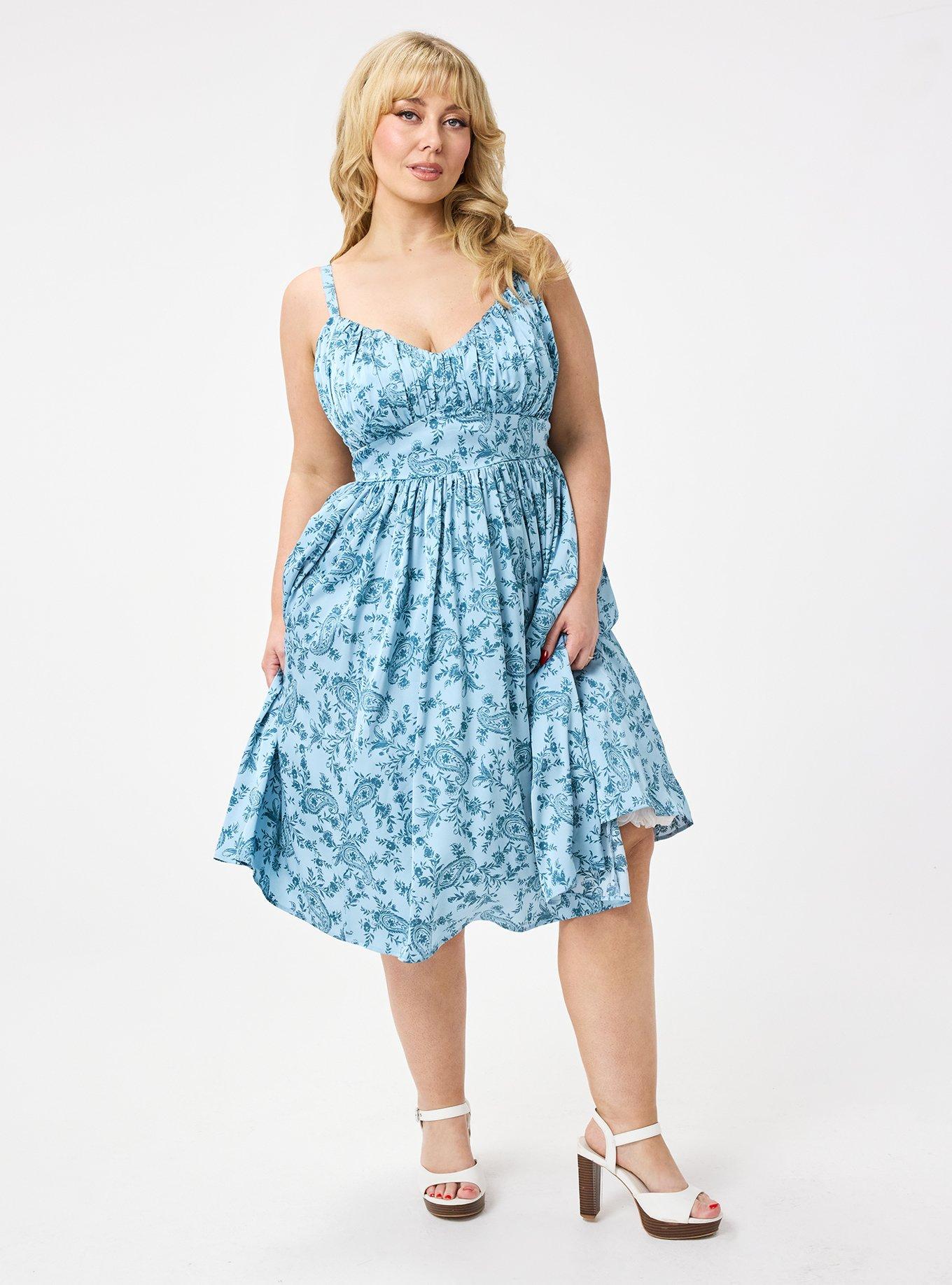 Retro Chic Pleated Bust Swing Dress, GOLDIE PAISLEY BLUE, hi-res