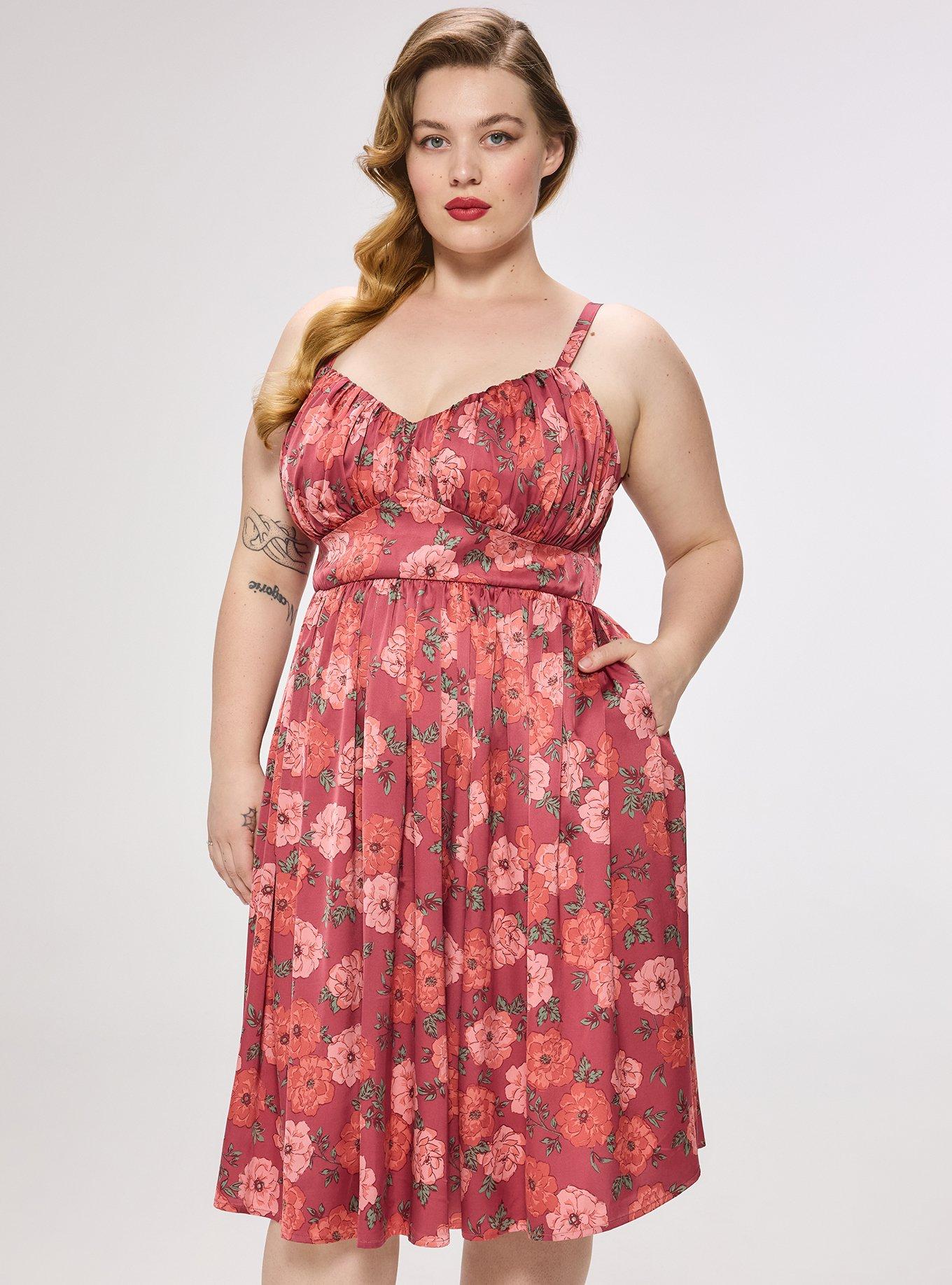 Plus Size Retro Chic Pleated Bust Swing Dress, JANINA FLORAL BRICK, alternate