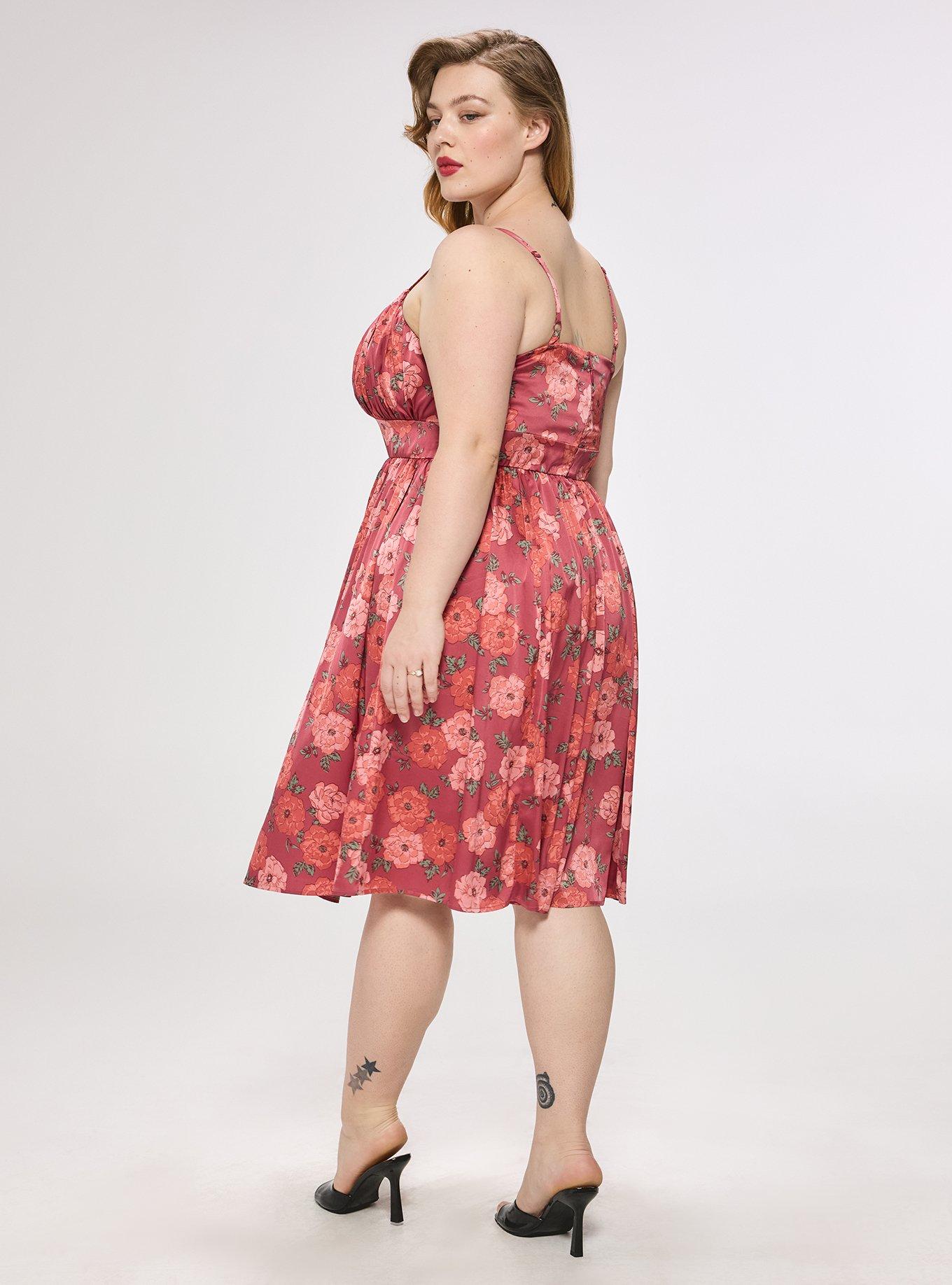 Plus Size Retro Chic Pleated Bust Swing Dress, JANINA FLORAL BRICK, alternate