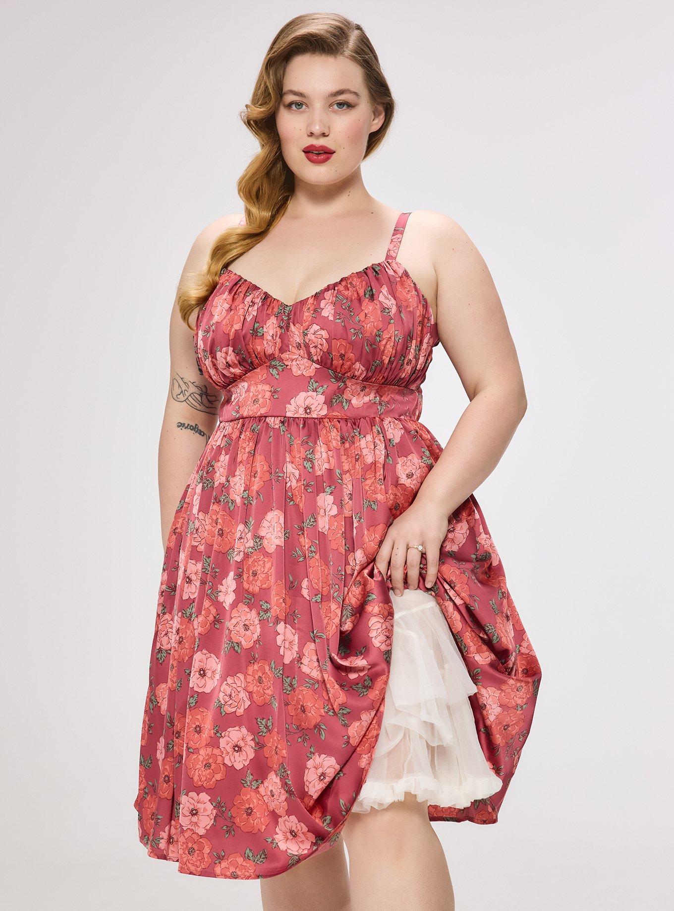 Plus Size Retro Chic Pleated Bust Swing Dress, JANINA FLORAL BRICK, alternate