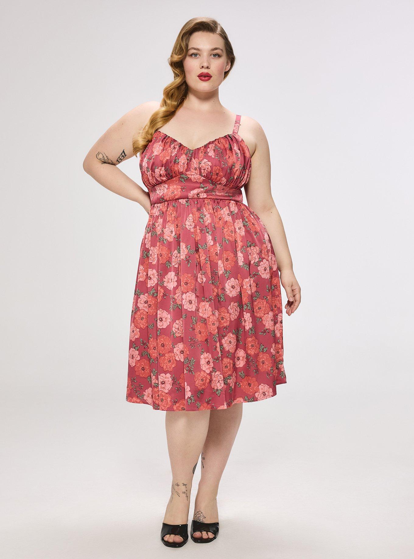 Plus Size Retro Chic Pleated Bust Swing Dress, JANINA FLORAL BRICK, hi-res