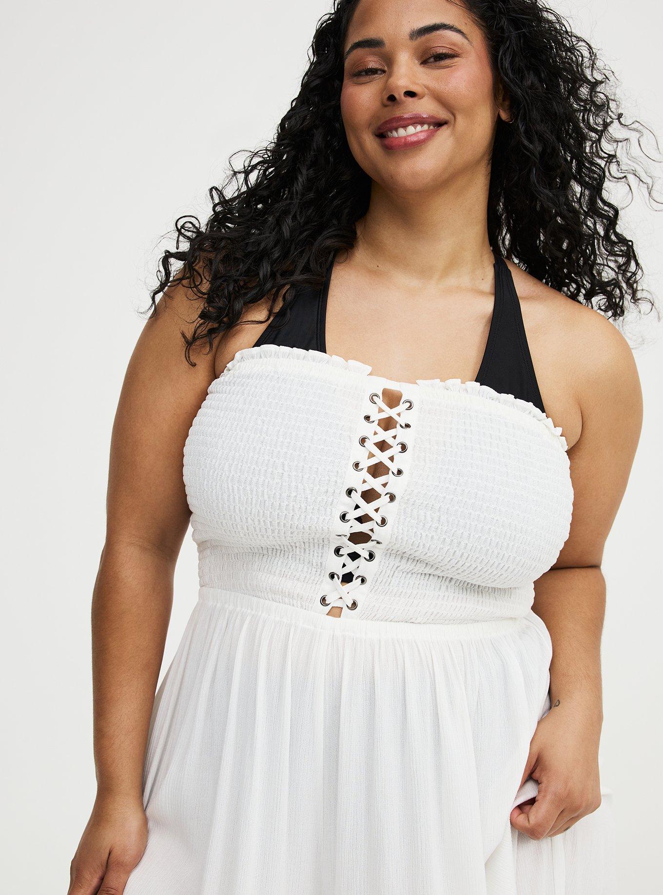 Smocked Lace-Up Culotte Swim Jumpsuit, BLANC DE BLANC, alternate