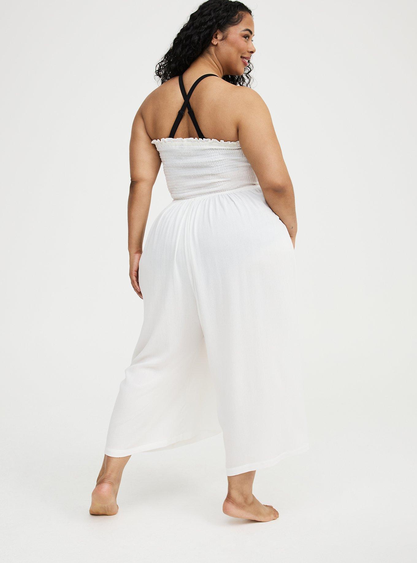 Smocked Lace-Up Culotte Swim Jumpsuit, BLANC DE BLANC, alternate