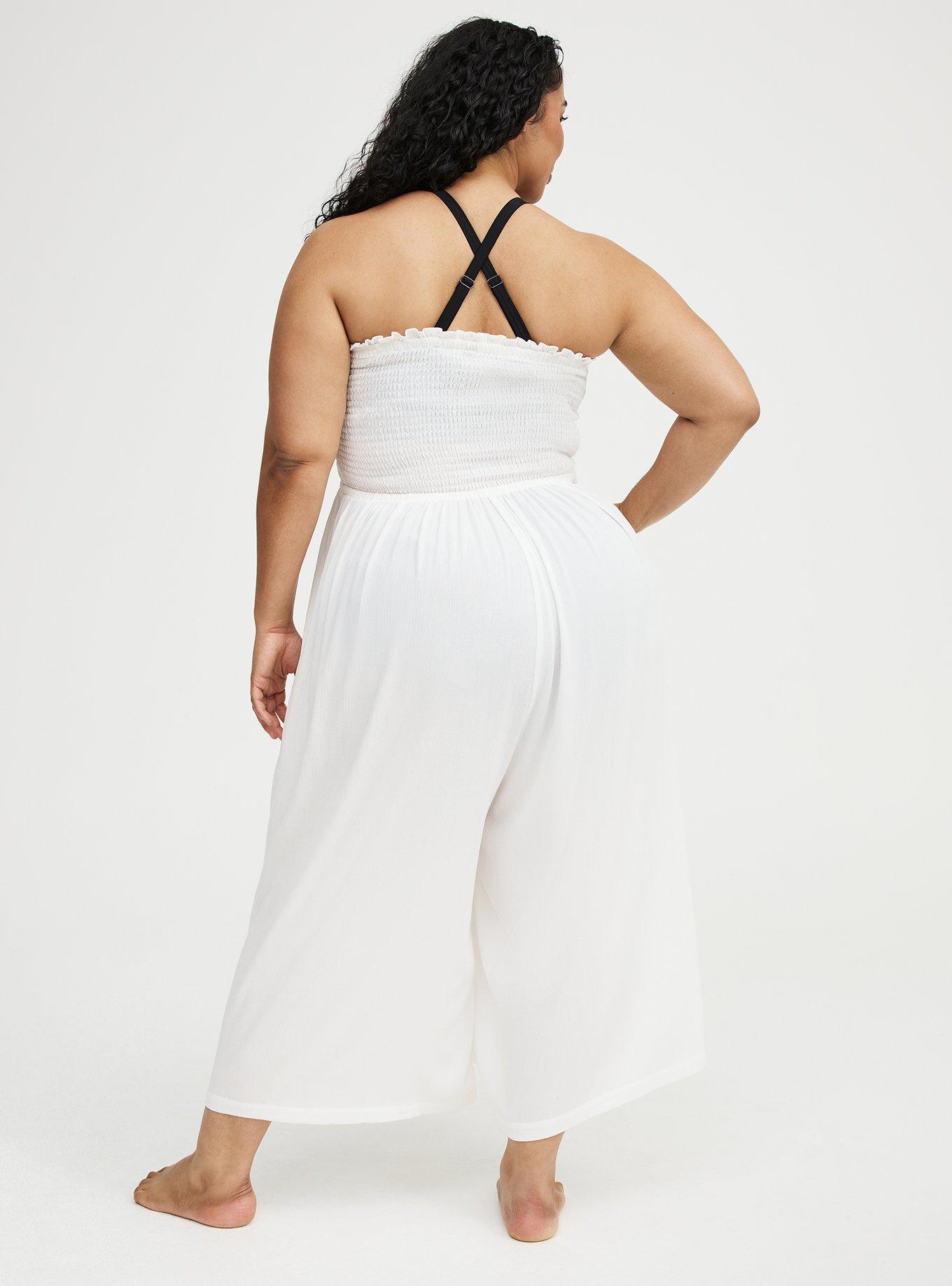 Smocked Lace-Up Culotte Swim Jumpsuit, BLANC DE BLANC, alternate