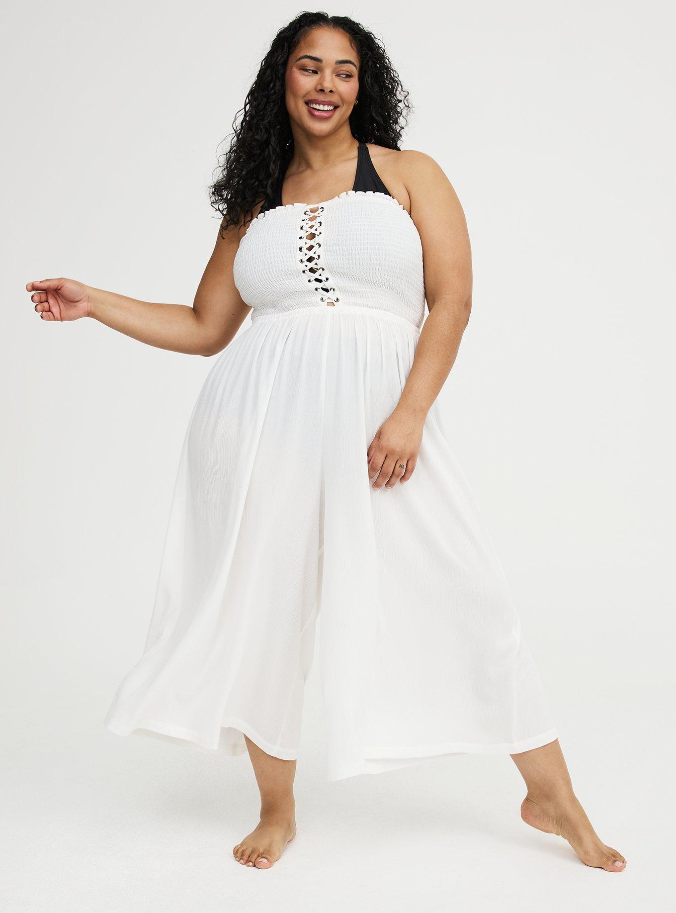 Smocked Lace-Up Culotte Swim Jumpsuit, BLANC DE BLANC, alternate