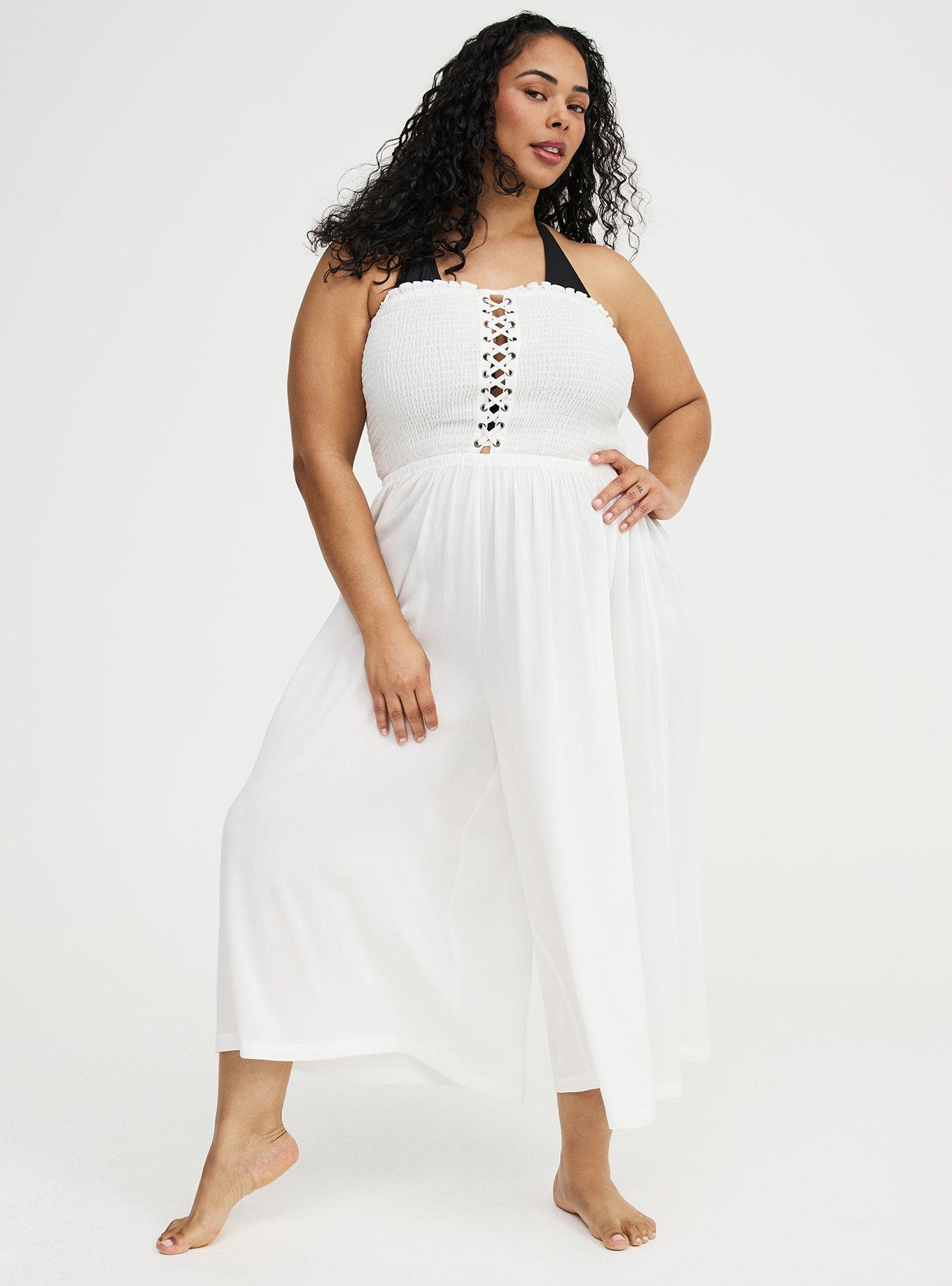 Smocked Lace-Up Culotte Swim Jumpsuit, BLANC DE BLANC, hi-res
