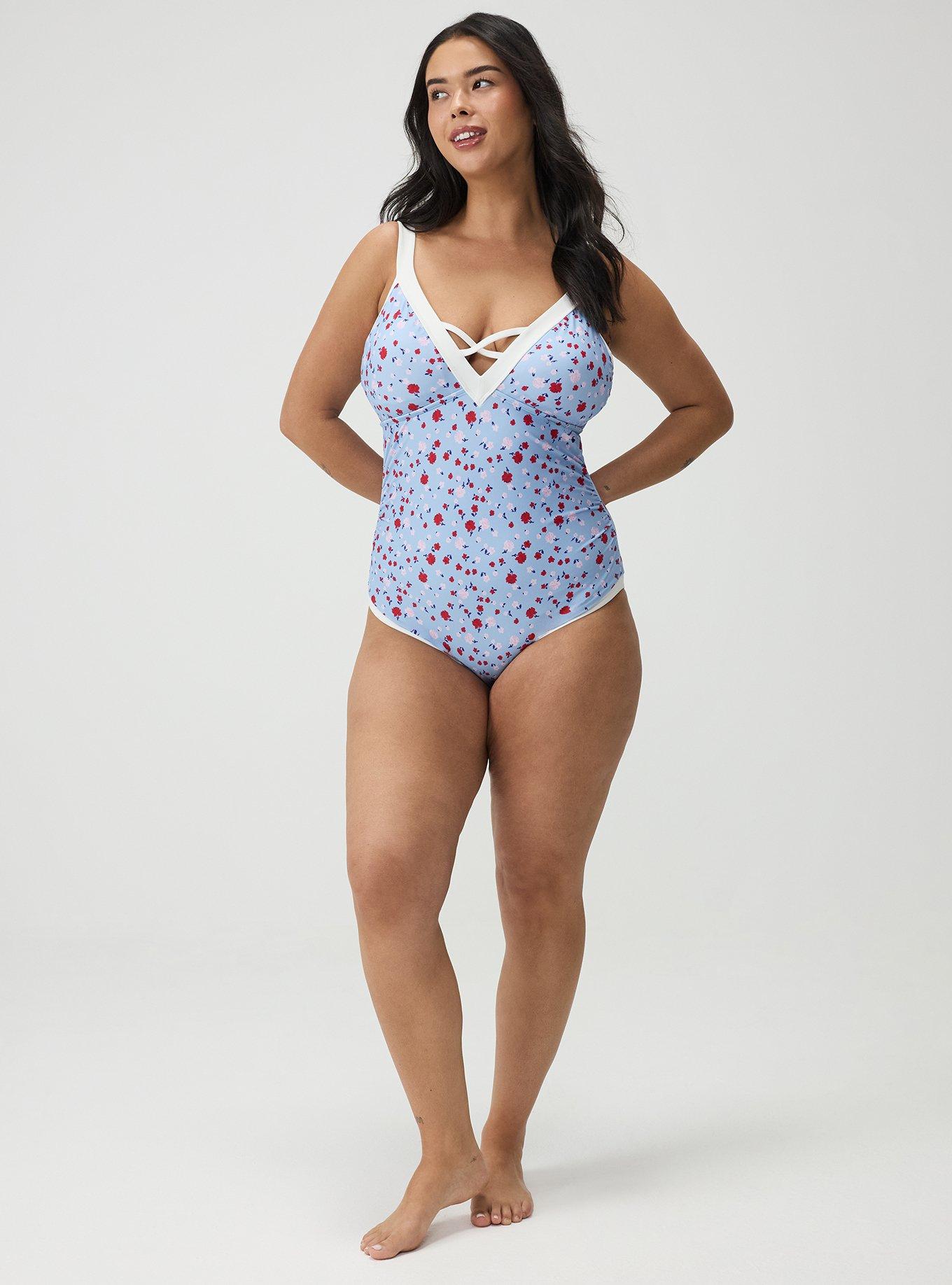 Wire-Free V-Plunge Cheeky One Piece, PETITE ROSES FLORAL BLUE, alternate