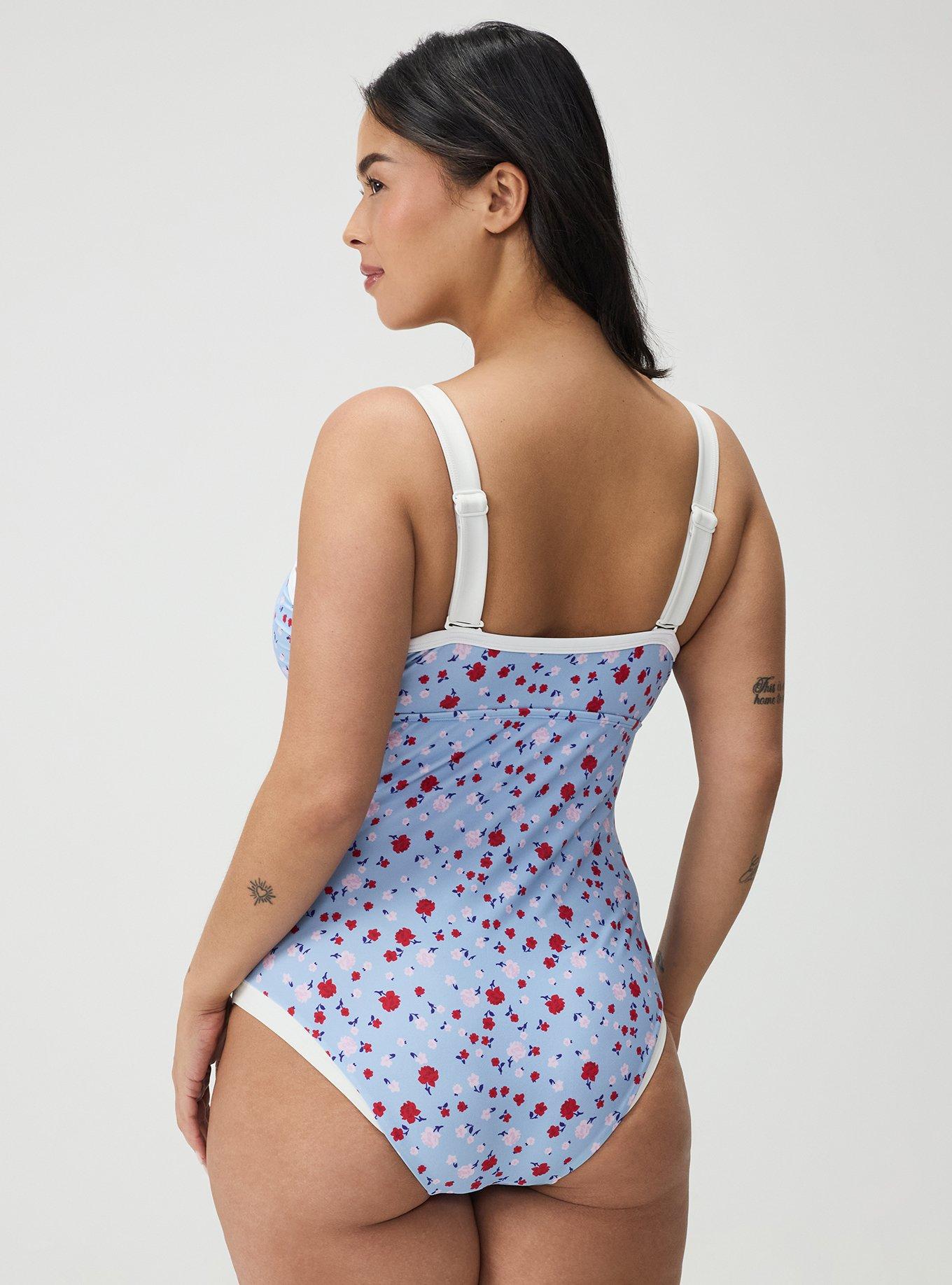 Wire-Free V-Plunge Cheeky One Piece, PETITE ROSES FLORAL BLUE, alternate