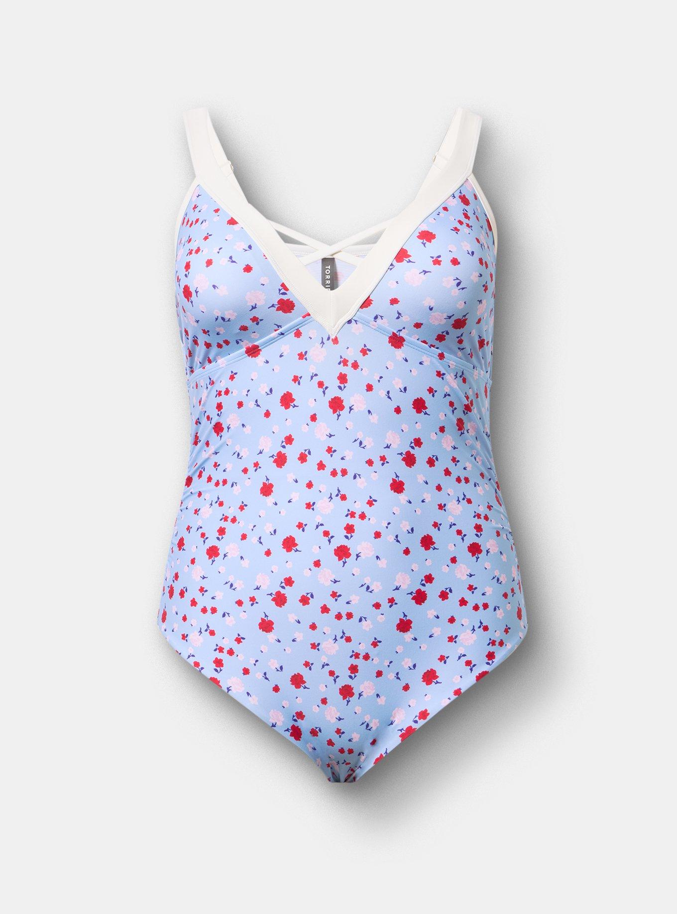 Wire-Free V-Plunge Cheeky One Piece, PETITE ROSES FLORAL BLUE, hi-res