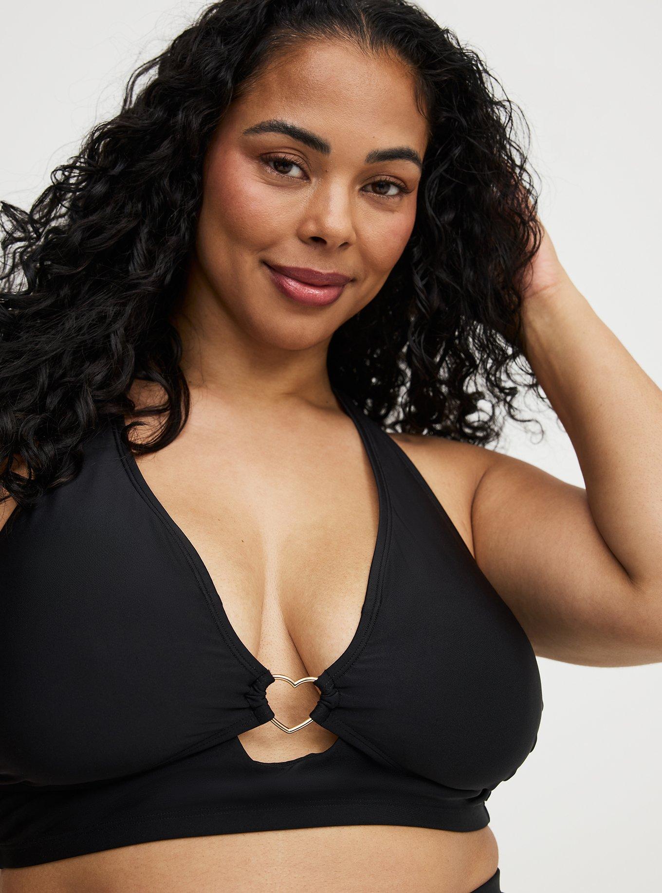 Wire-Free Triangle Bikini Top with Heart Detail, DEEP BLACK, alternate