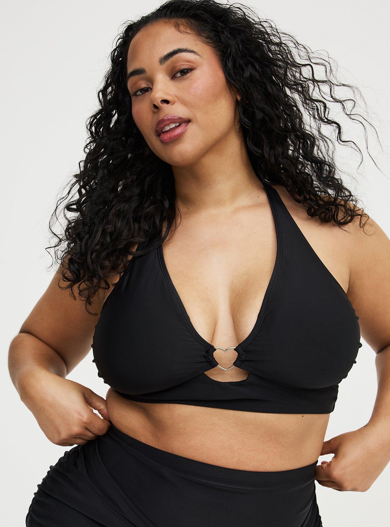 Wire-Free Triangle Bikini Top with Heart Detail, DEEP BLACK, hi-res