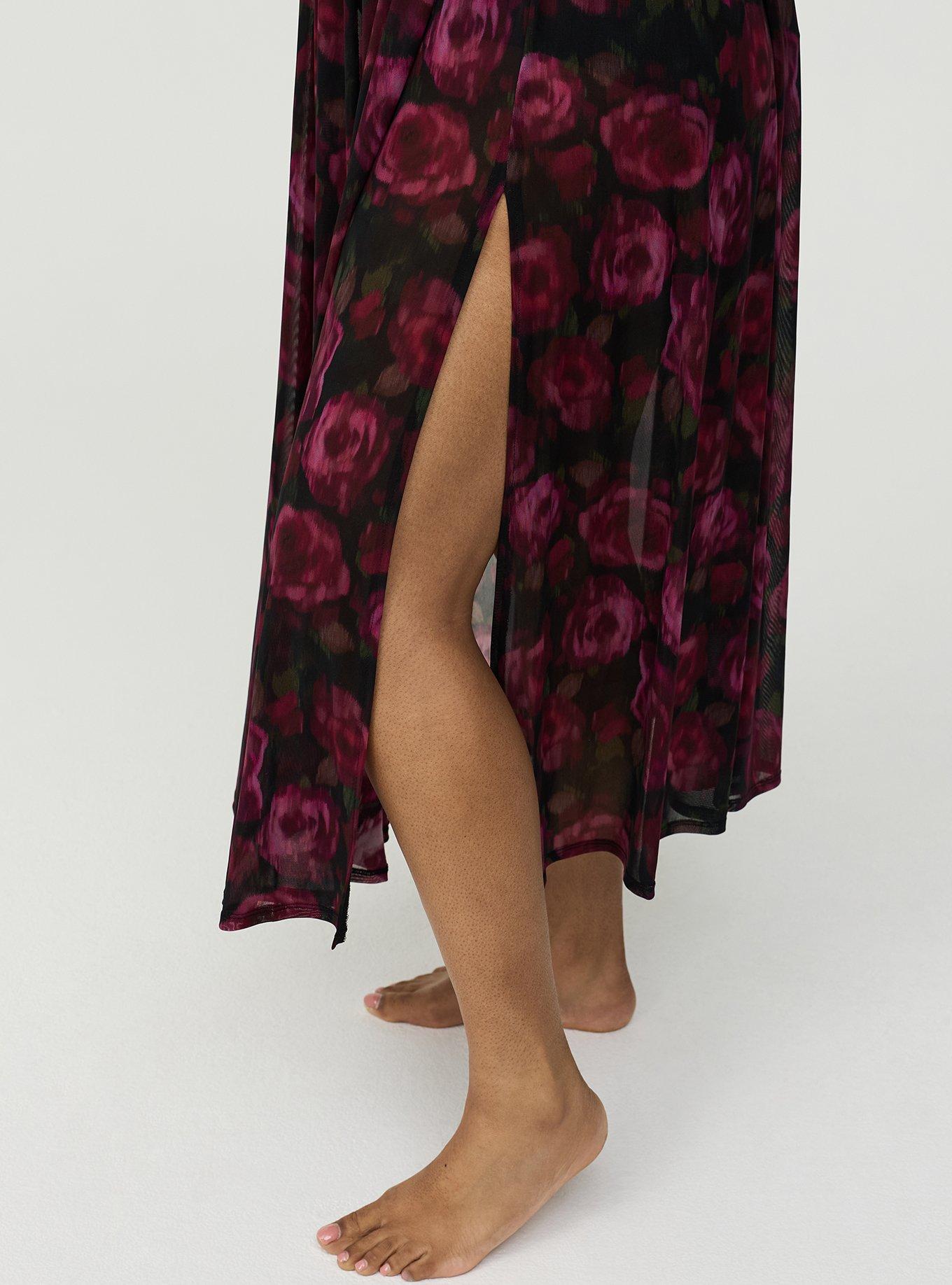 High Slit Maxi Cover-Up Dress, BLURRED ROSES BLACK, alternate