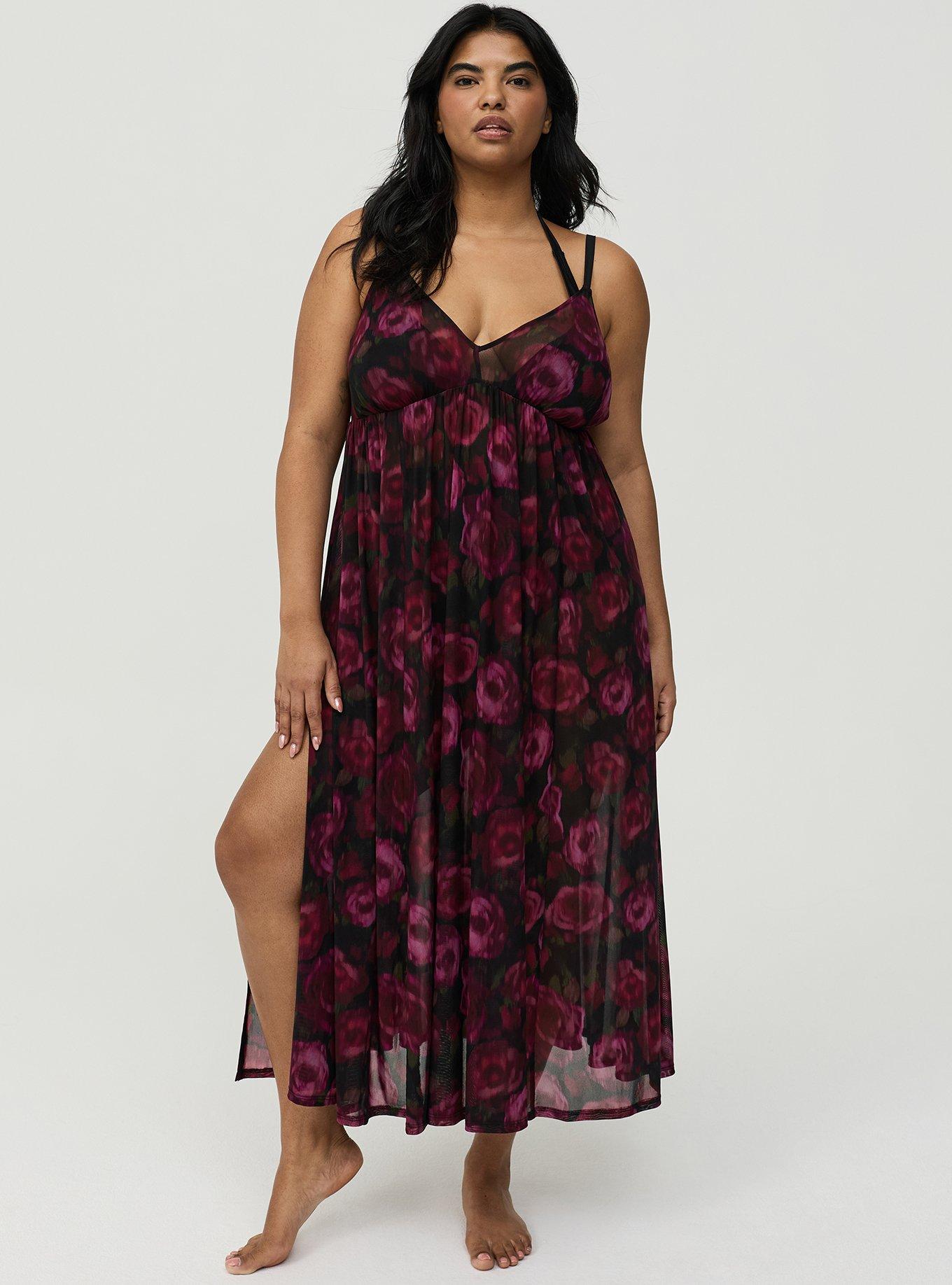 High Slit Maxi Cover-Up Dress, BLURRED ROSES BLACK, hi-res