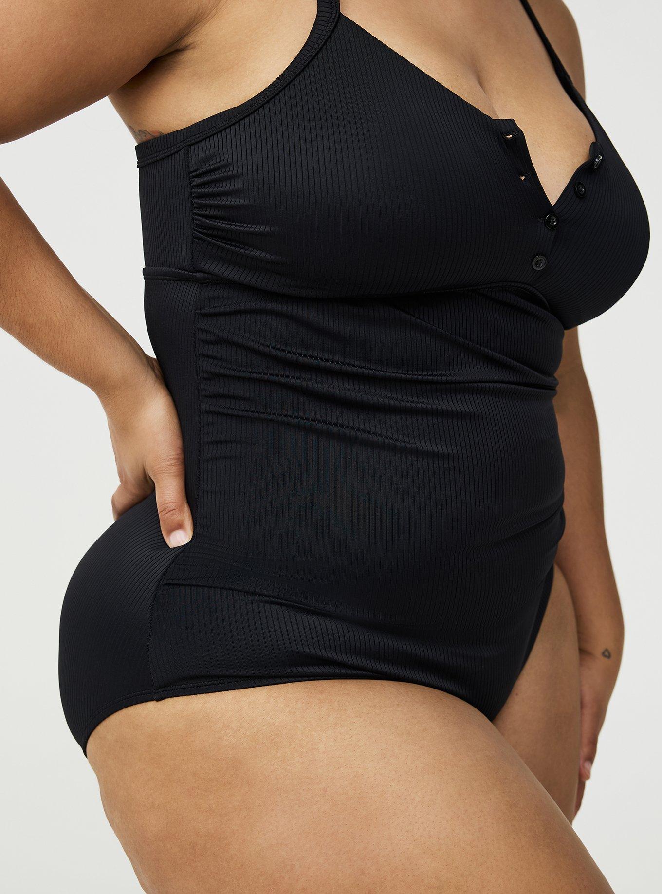 Wire-Free Button-Up One Piece Swimsuit, DEEP BLACK, alternate