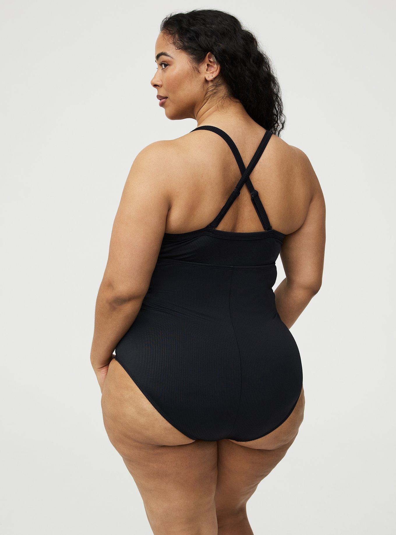 Wire-Free Button-Up One Piece Swimsuit, DEEP BLACK, alternate